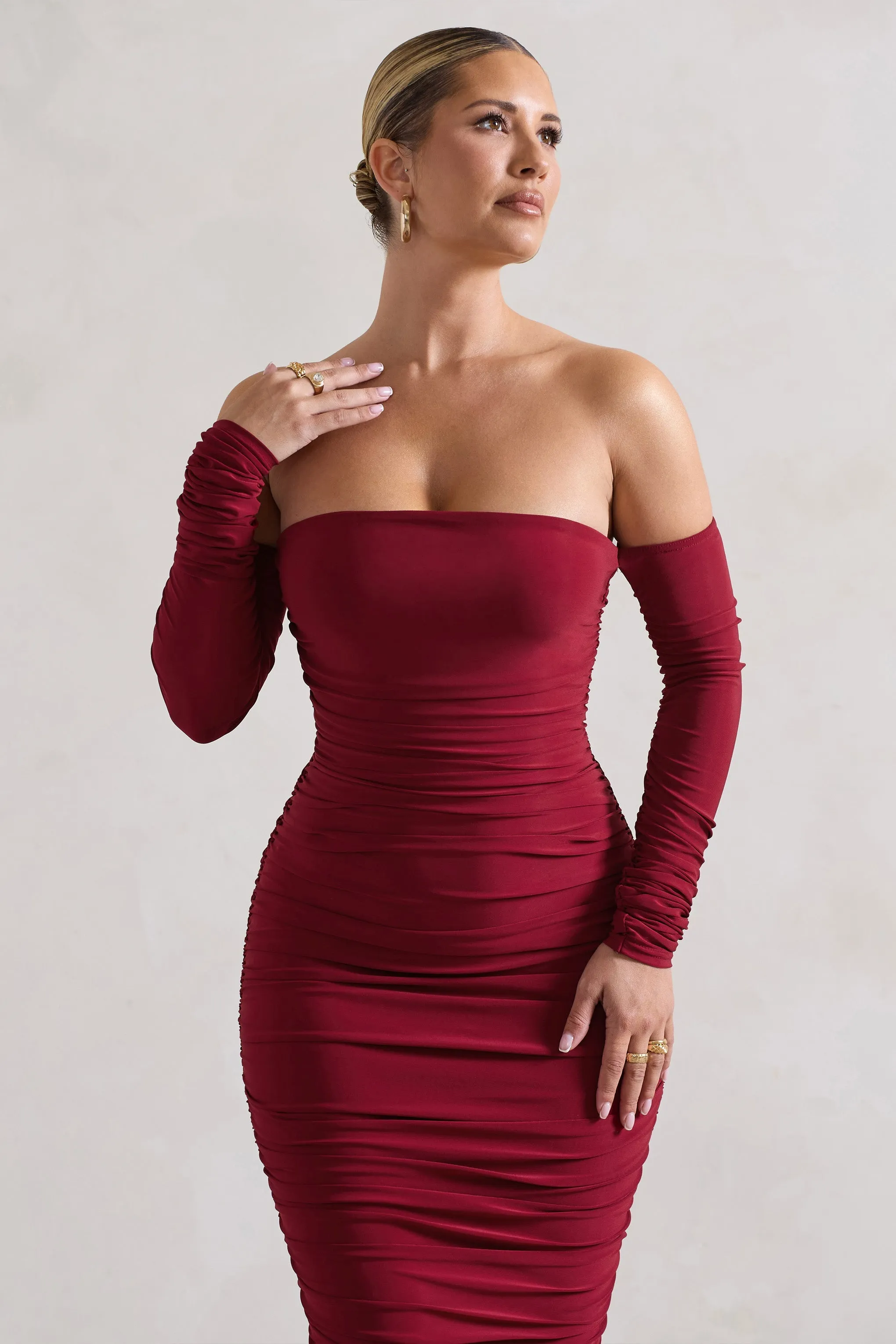 Anissa | Berry Ruched Bardot Midi Dress