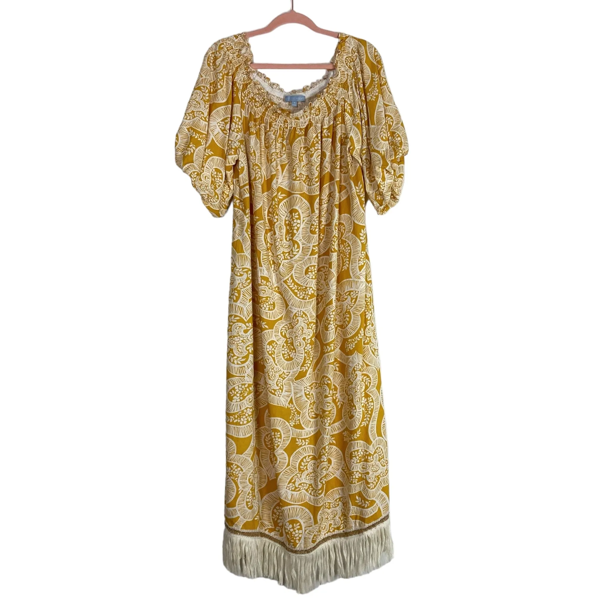 Antonio Melani Mustard Printed Off the Shoulder Fringe Hem Dress- Size 18 (sold out online)