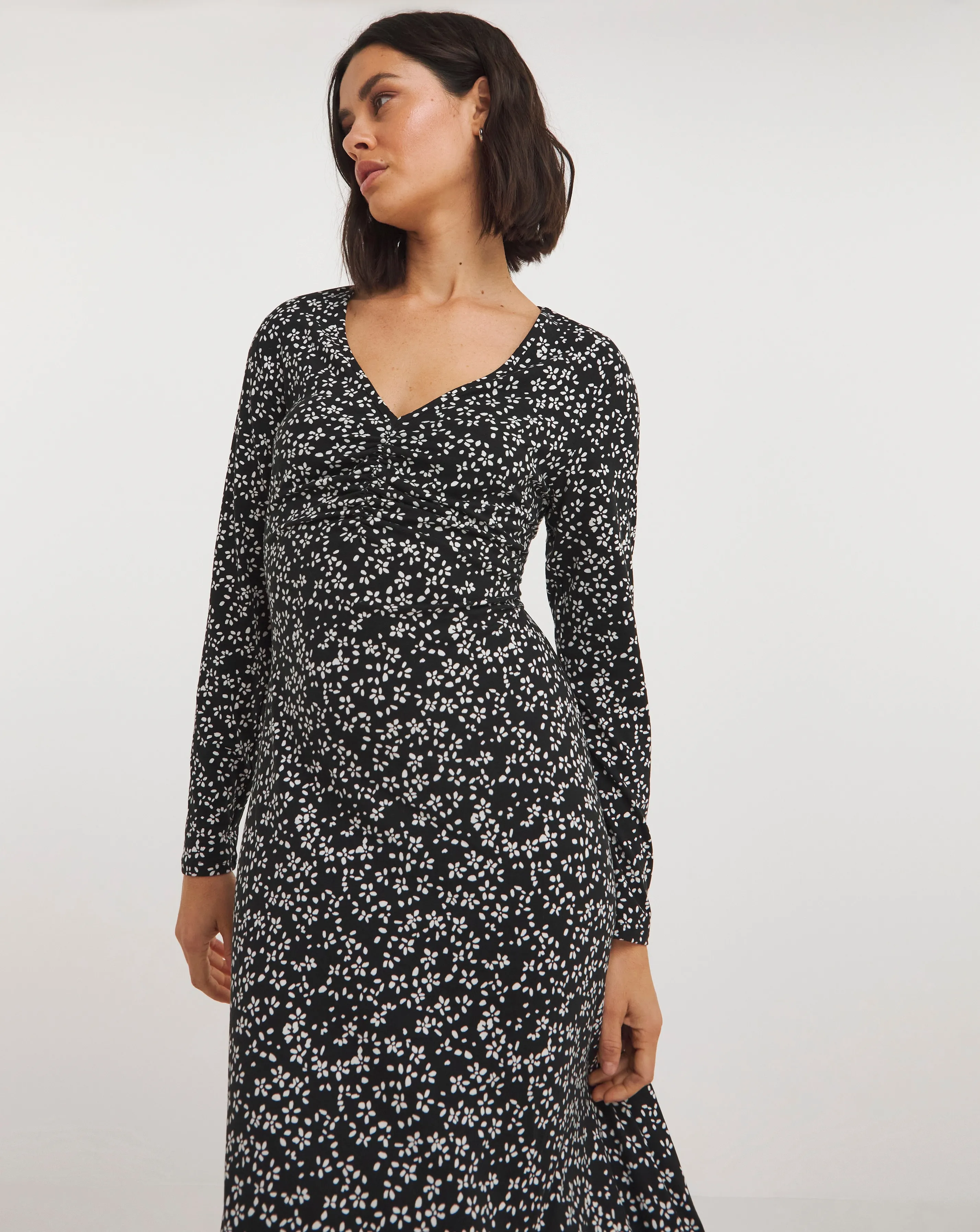 Black Ditsy Print Supersoft Jersey Ruched Front Midi Dress | Simply Be