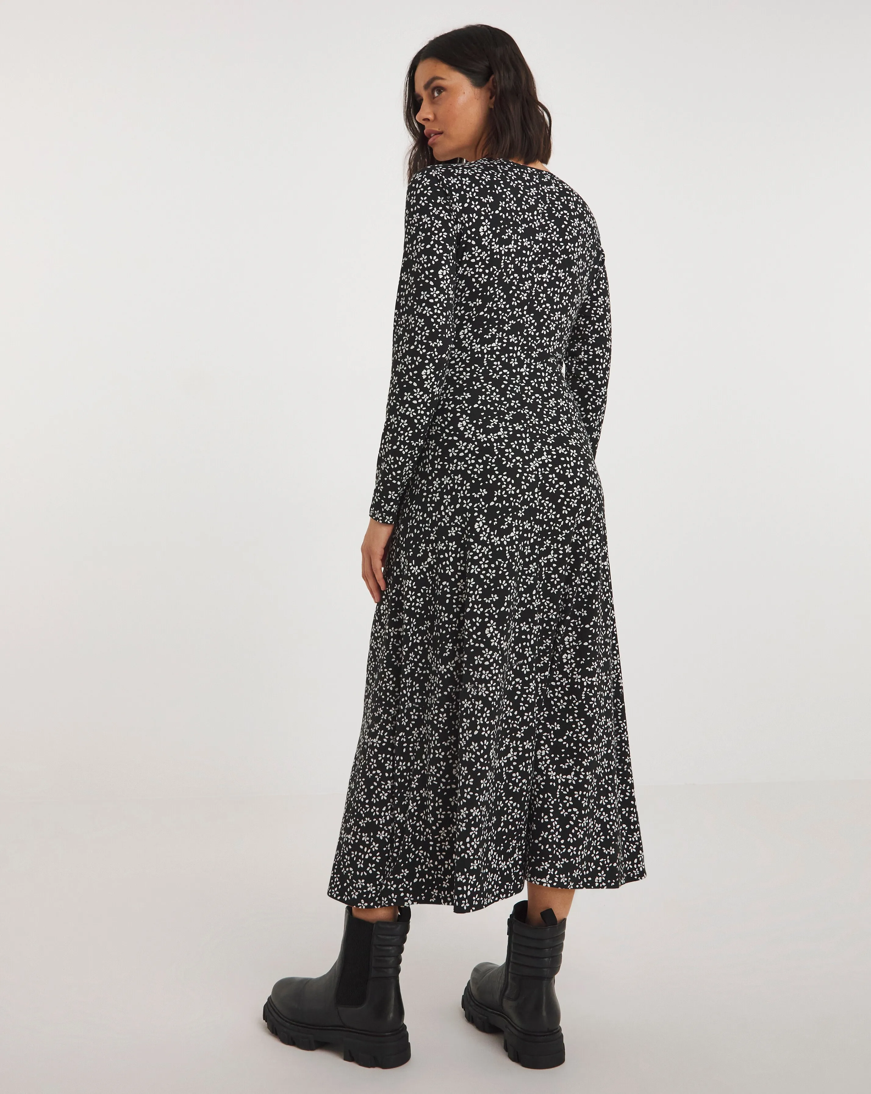 Black Ditsy Print Supersoft Jersey Ruched Front Midi Dress | Simply Be