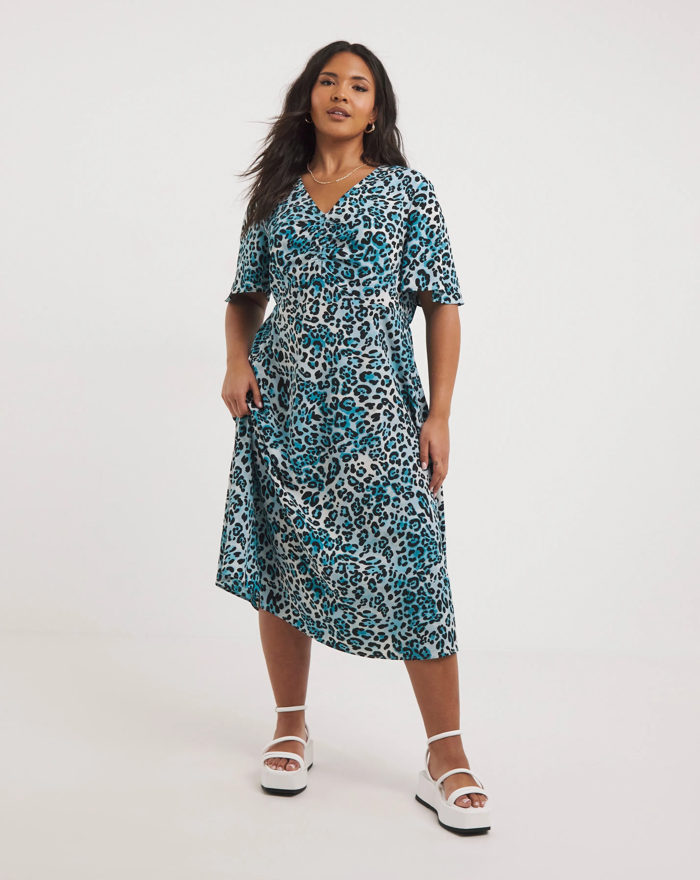 Blue Animal Print Ruched Midi Dress | Simply Be