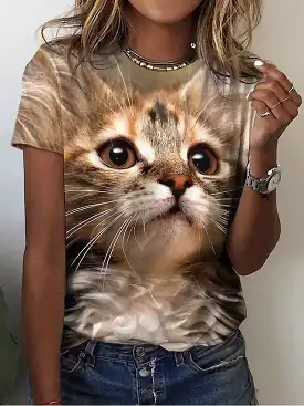 Brown Cat Print 3D Tee for Women