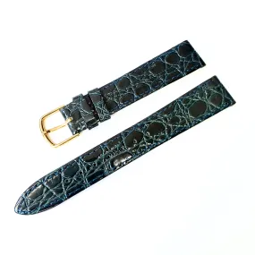 CHAMPION 16/15mm L Shiny Navy Blue Crocodile Calf Leather Strap Band with Gold Tone Buckle