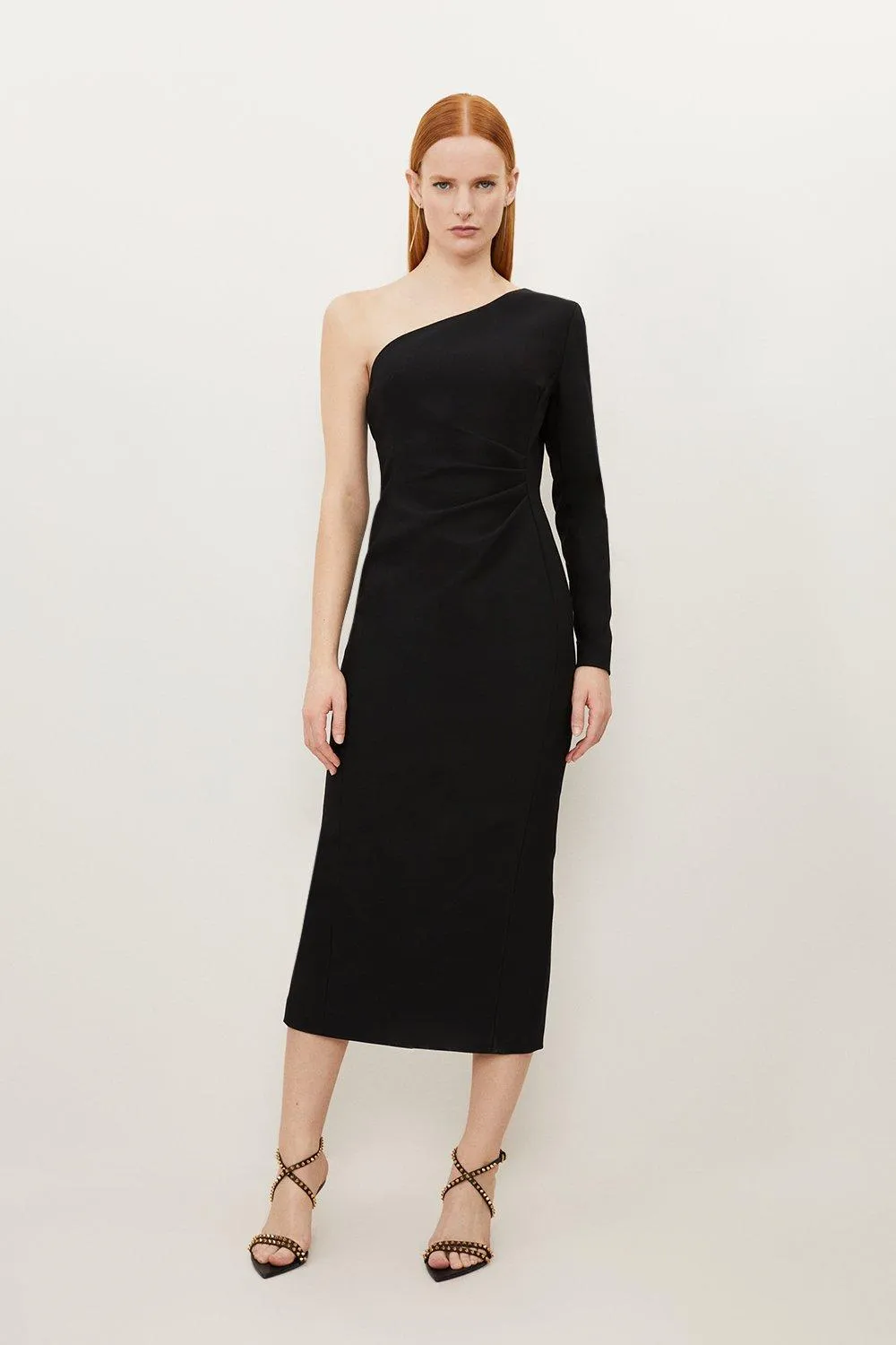 Clean Tailored One Shoulder Ruched Waist Midi Dress | Karen Millen