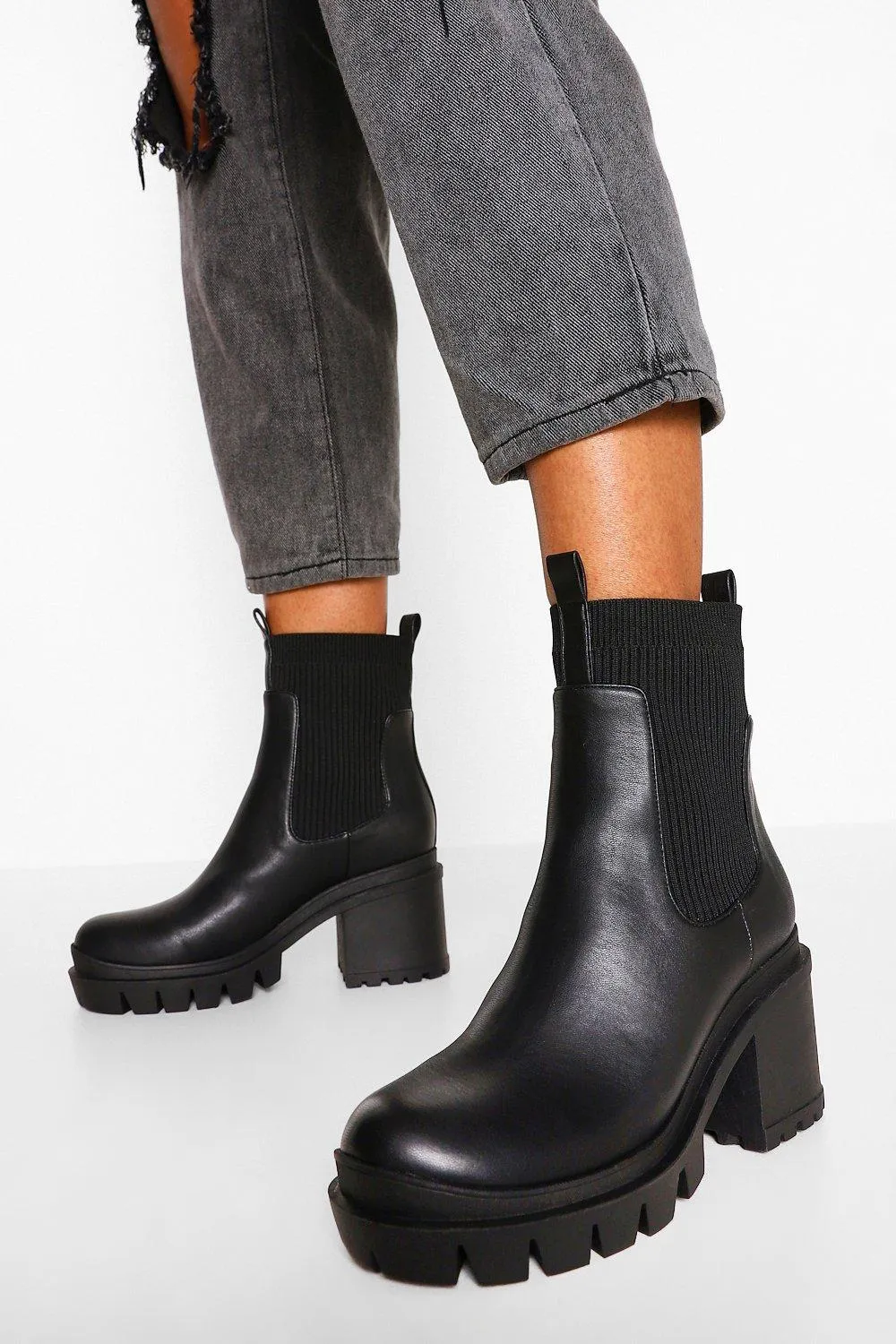 Cleated Sole Block Heel Chunky Sock Boots