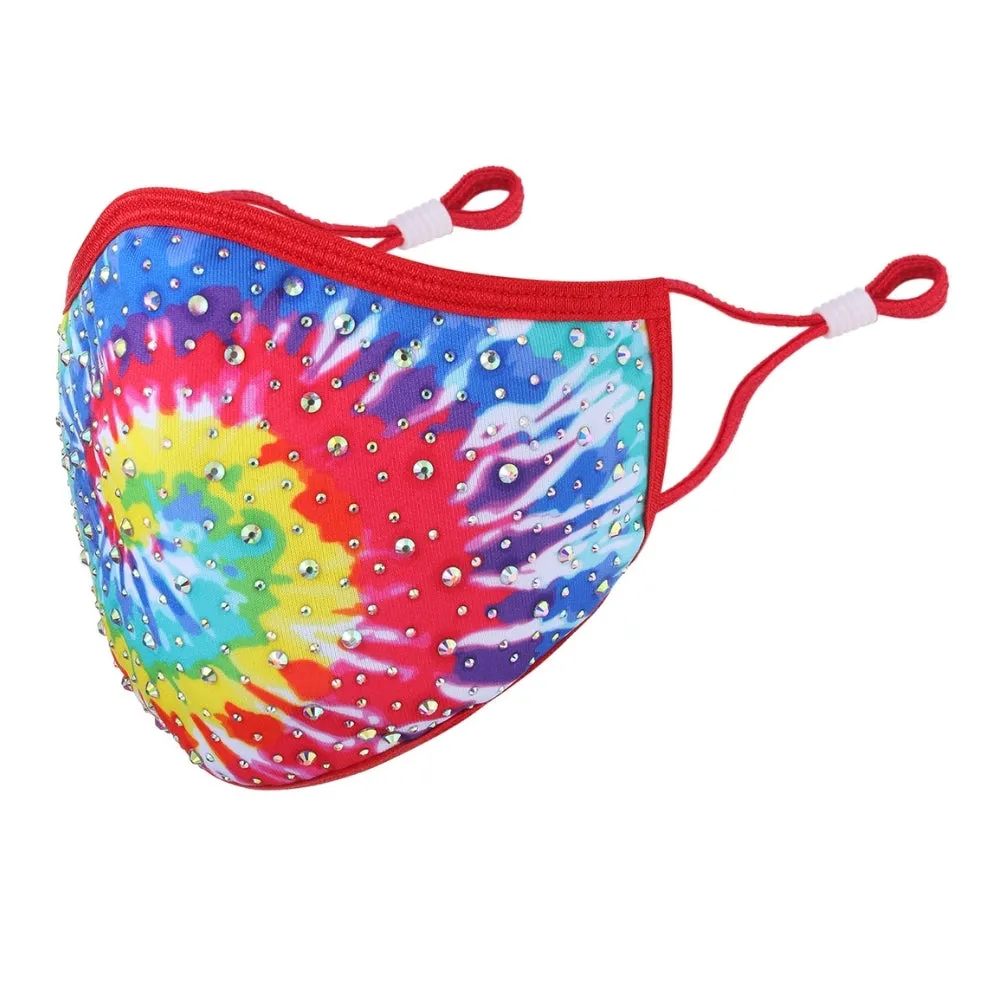 Crystal Tie-Dye Face Mask - Red, Blue, & Yellow with AB Crystals