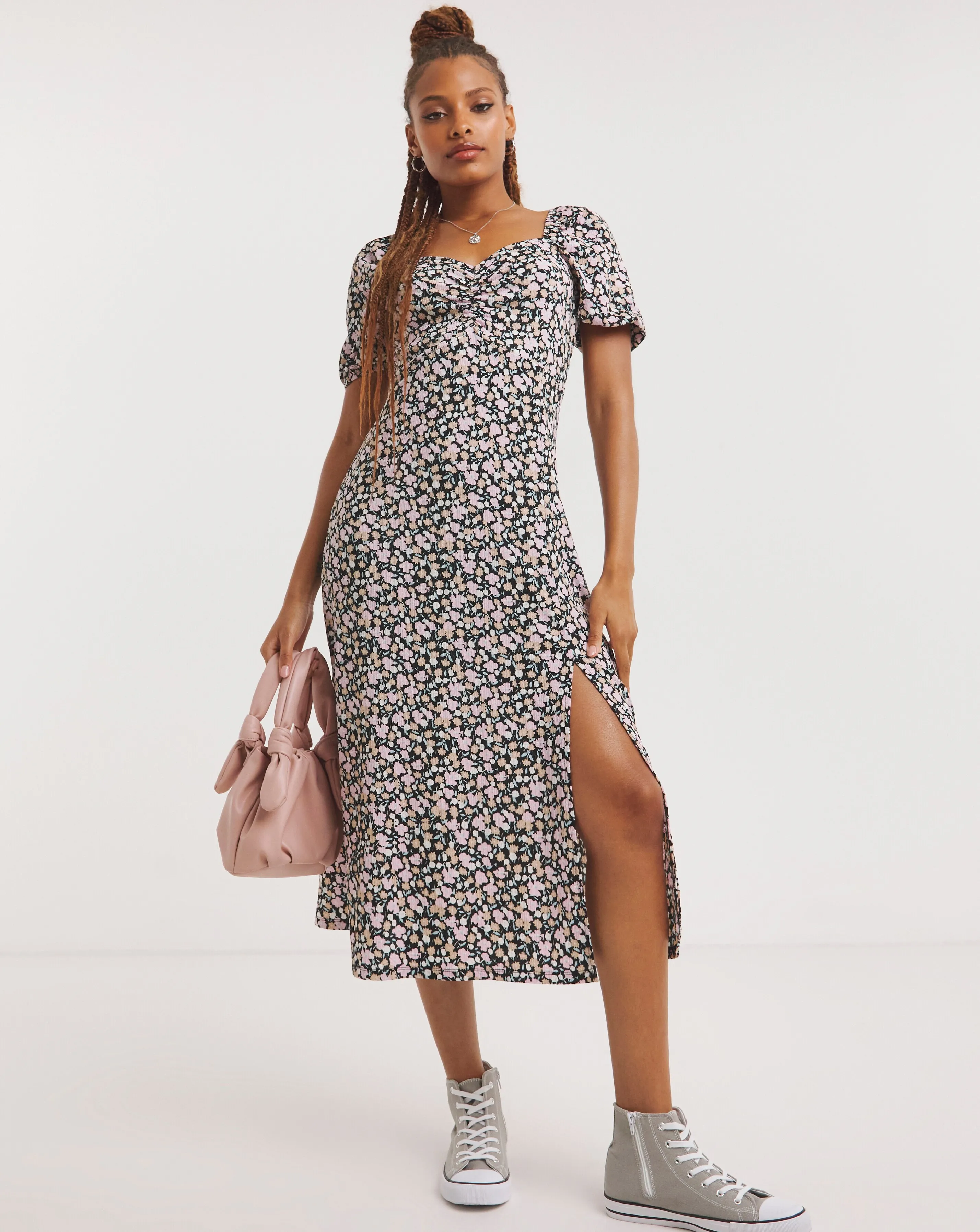 Ditsy Floral Ruched Front Waffle Midi Dress | Simply Be