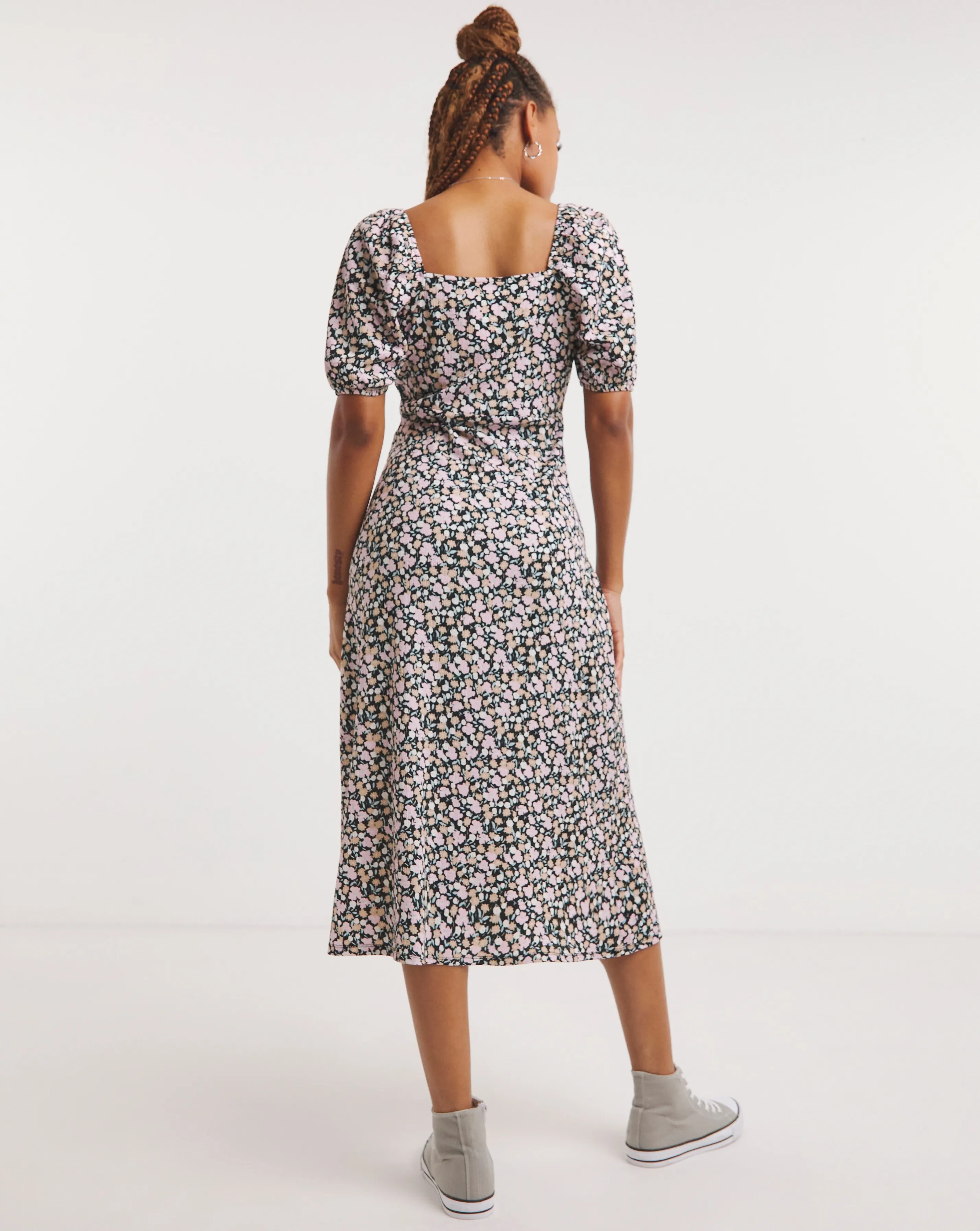 Ditsy Floral Ruched Front Waffle Midi Dress | Simply Be