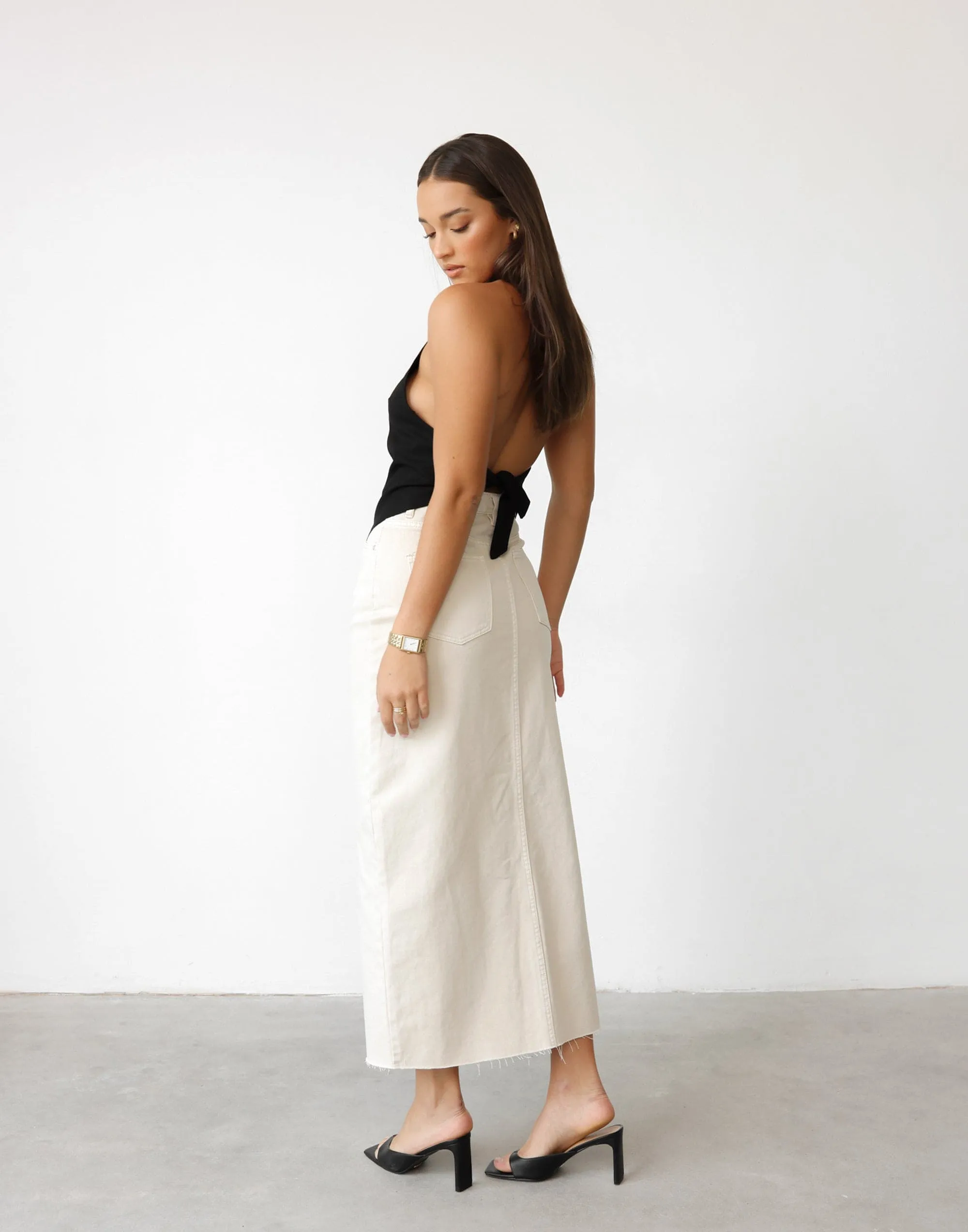 Drew Denim Midi Skirt (Latte)