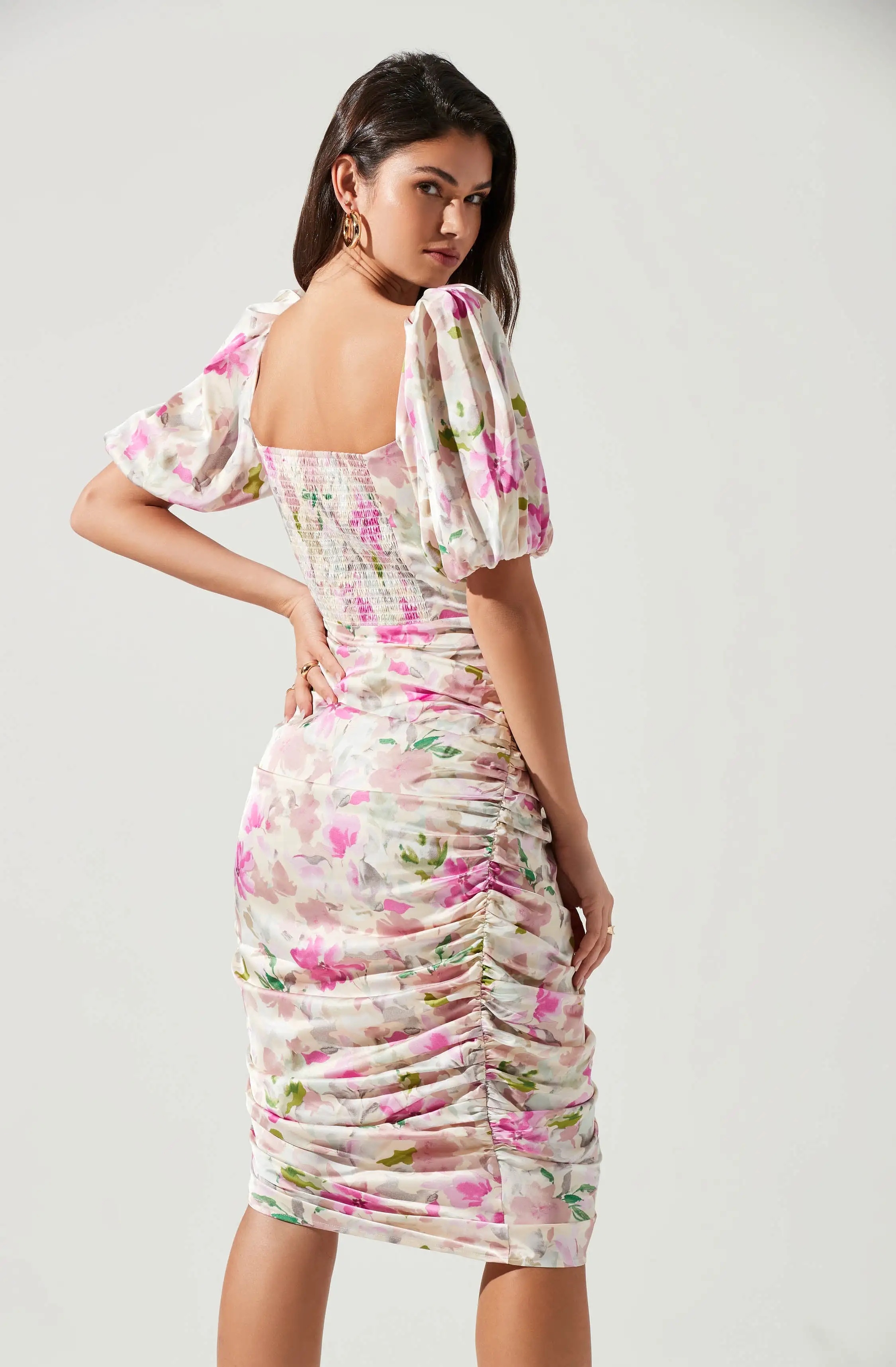 Emma Floral Ruched Bubble Sleeve Midi Dress