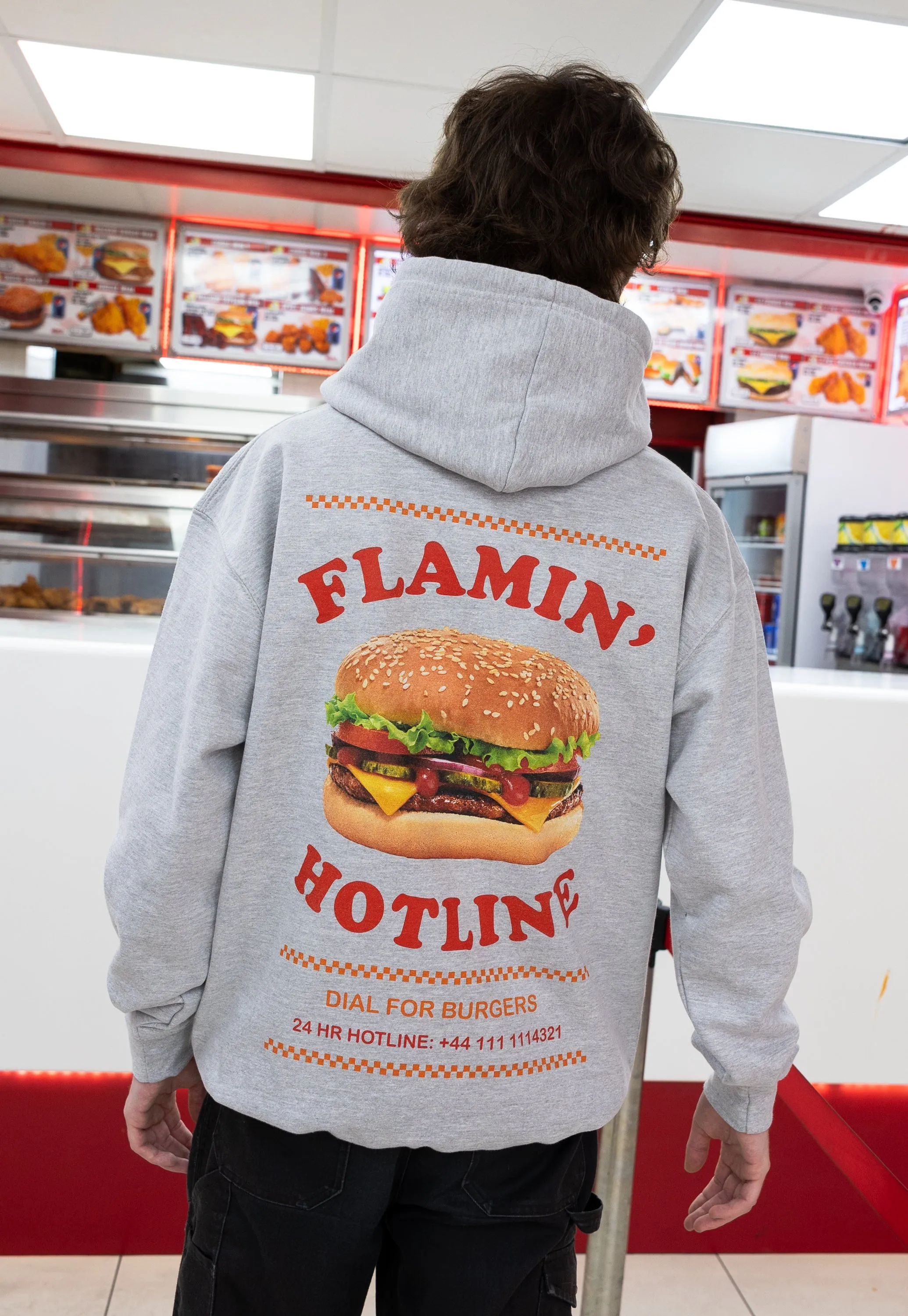 Flamin’ Hotline Burger Hoodie in Grey