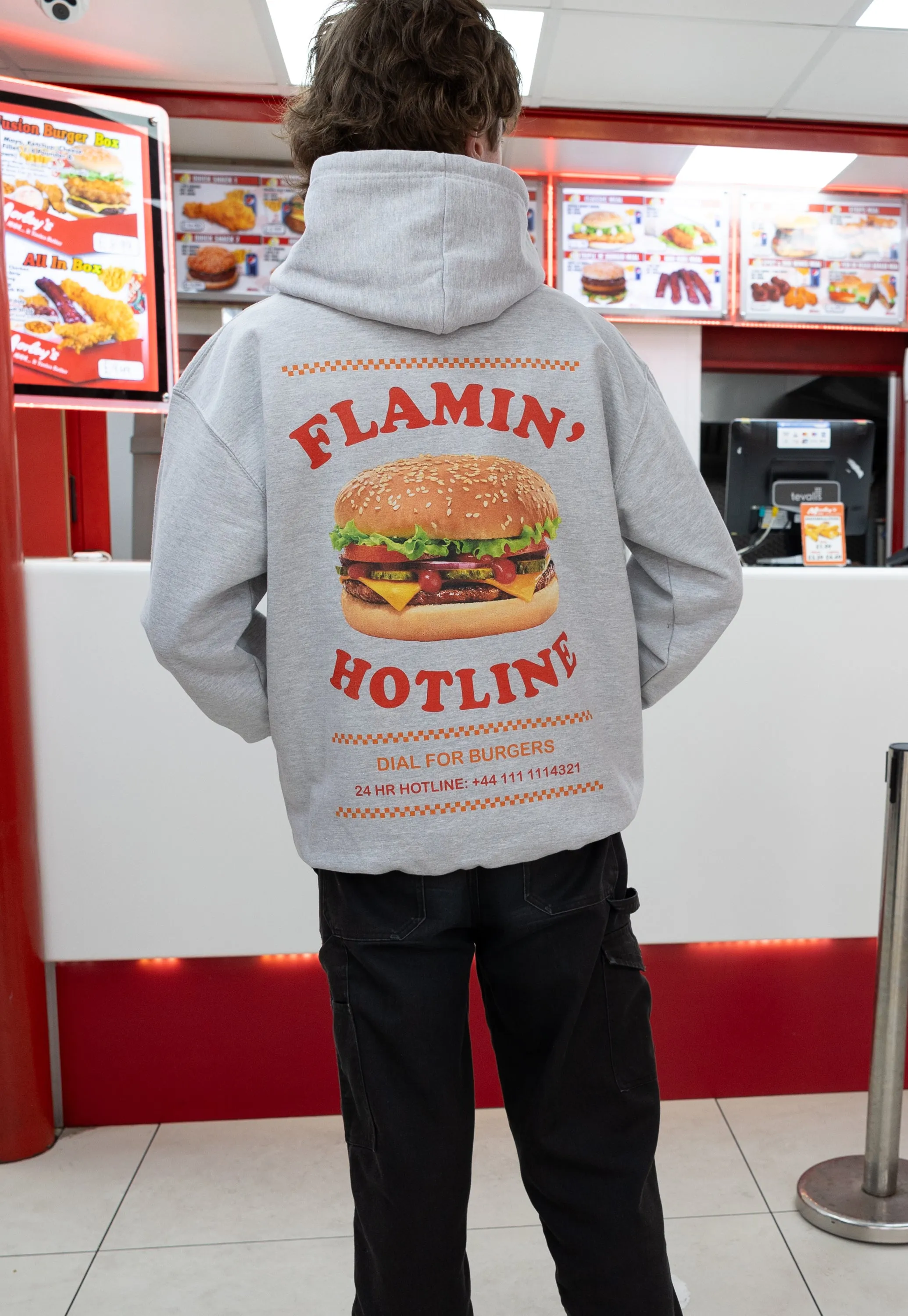 Flamin’ Hotline Burger Hoodie in Grey