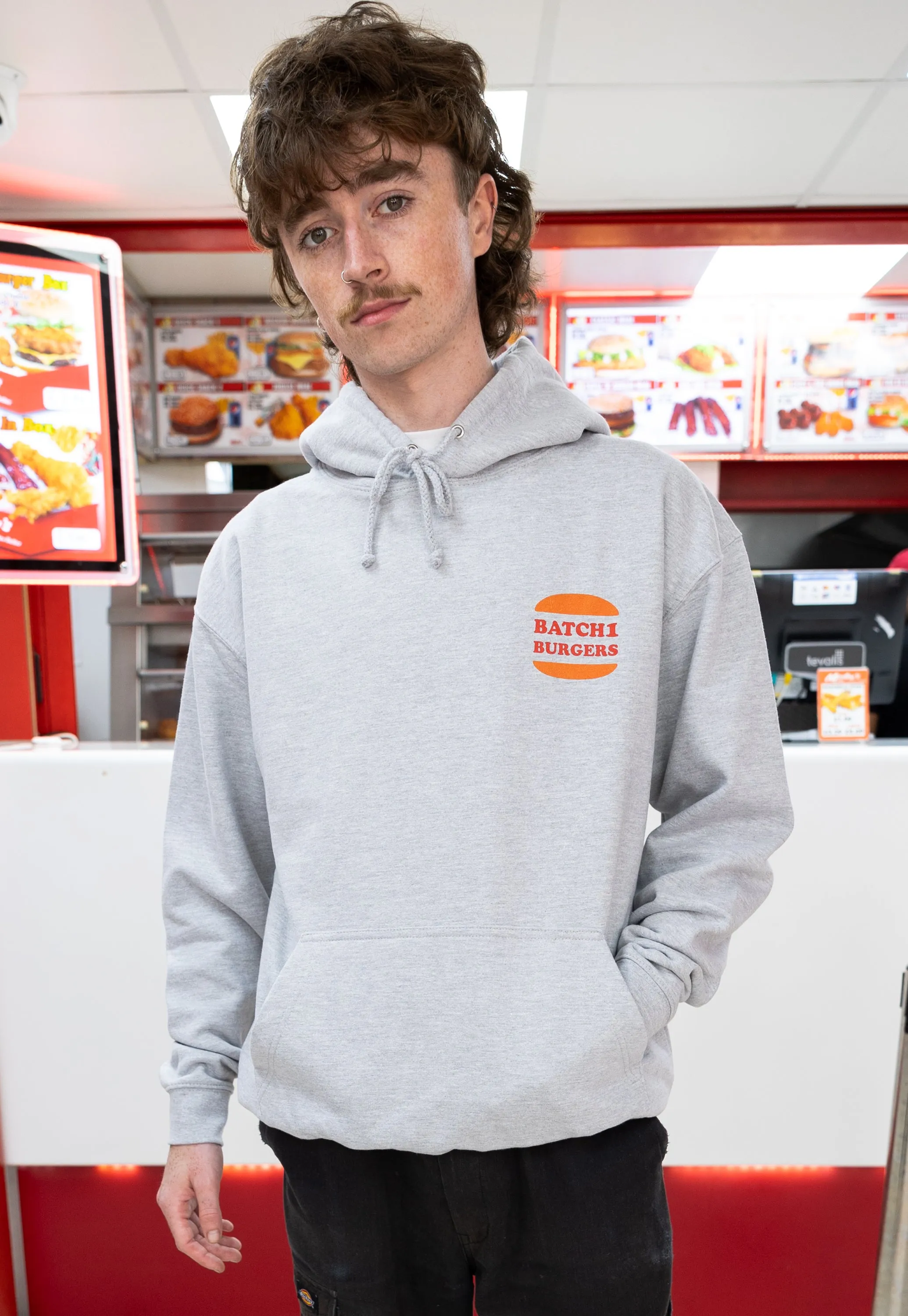 Flamin’ Hotline Burger Hoodie in Grey