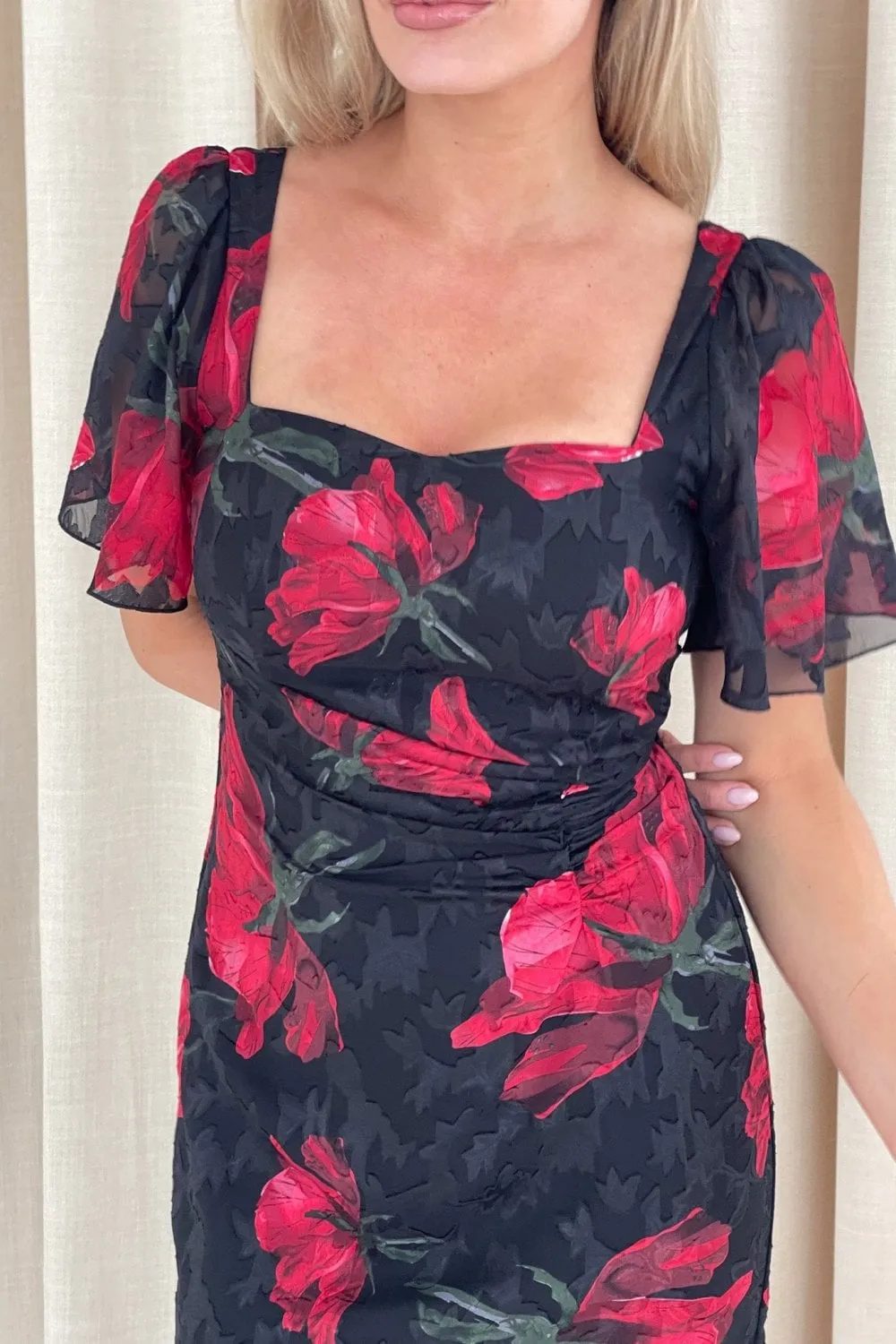 Heidi Black And Red Floral Ruched Midi Dress