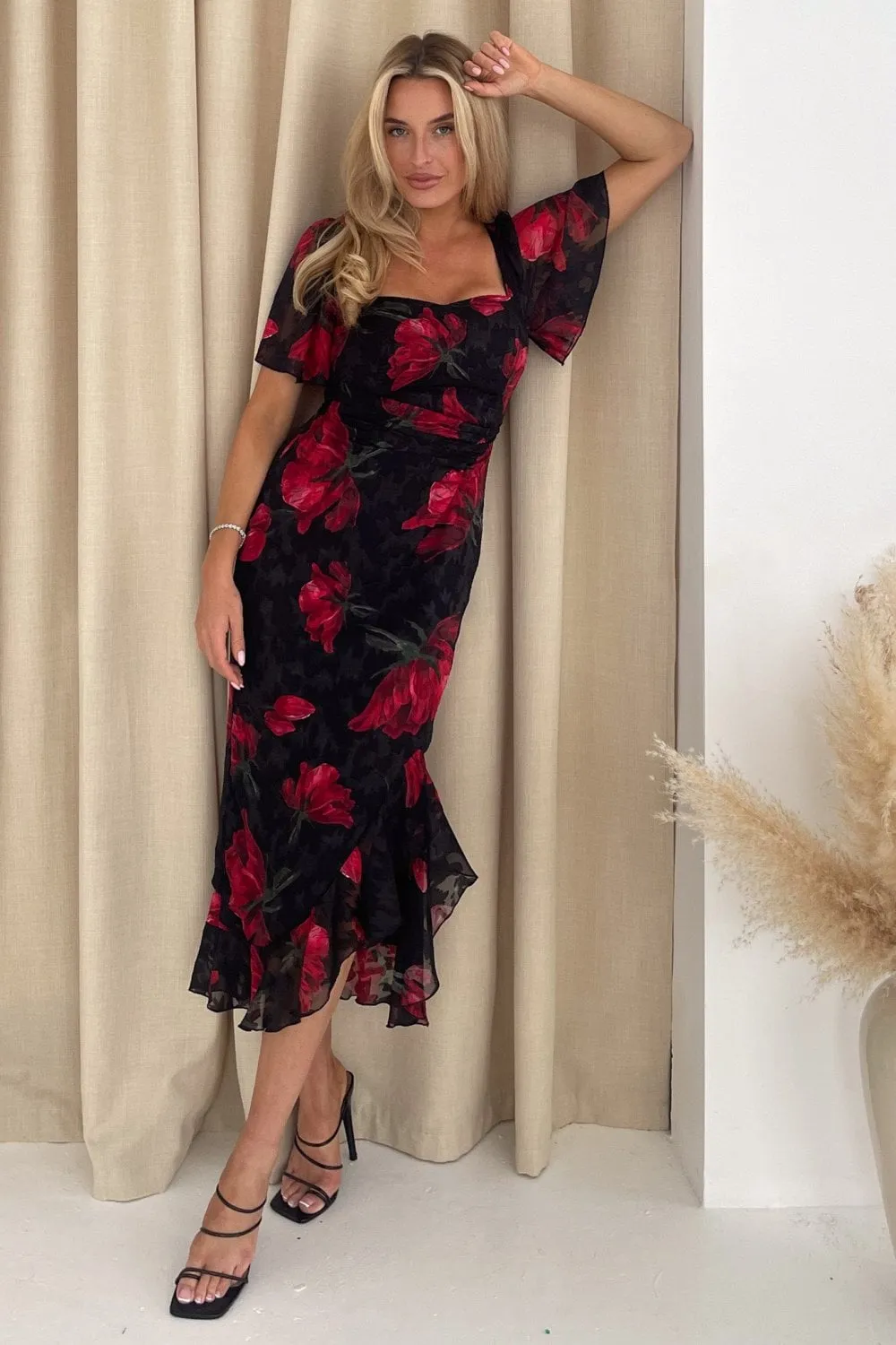 Heidi Black And Red Floral Ruched Midi Dress