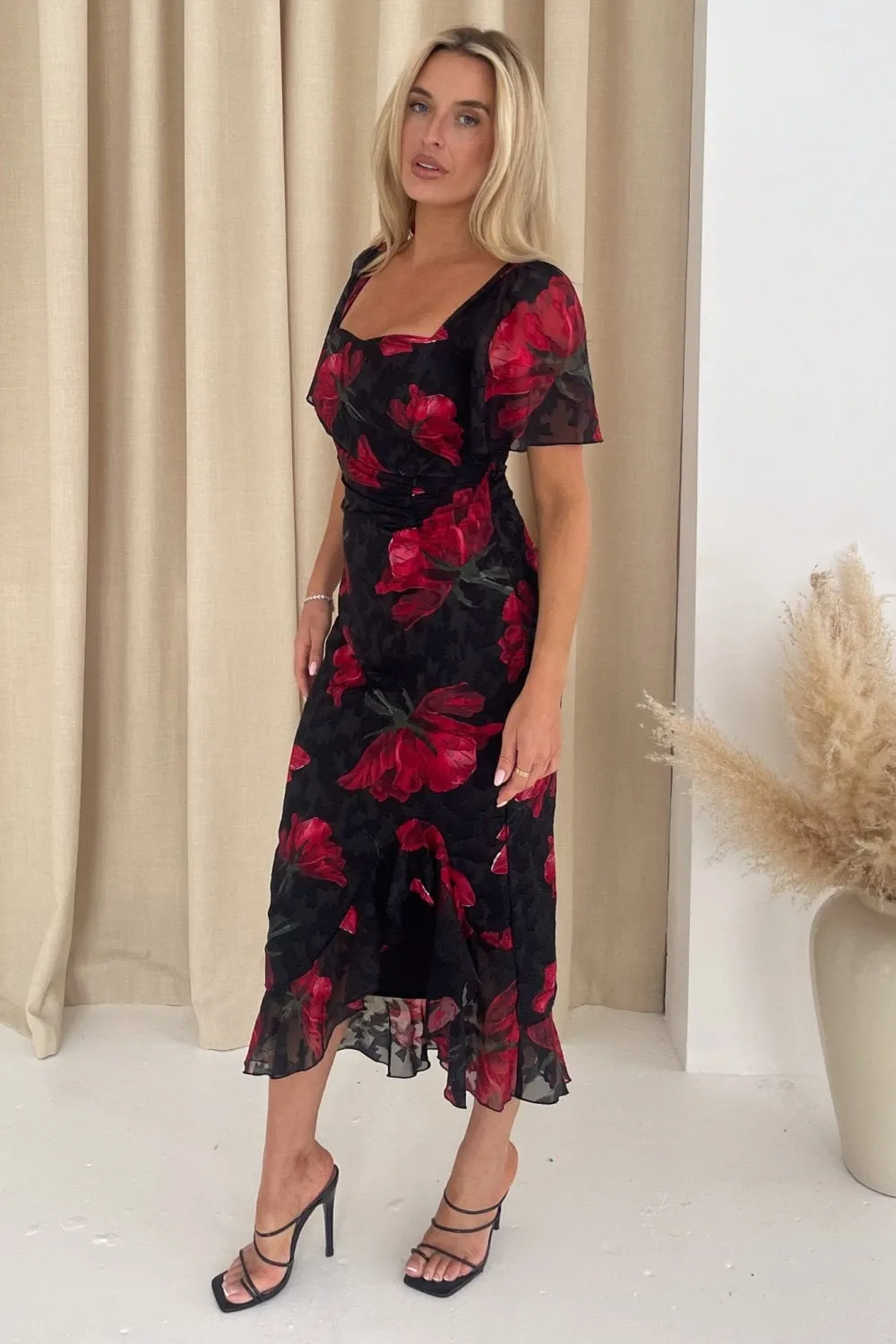 Heidi Black And Red Floral Ruched Midi Dress