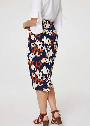 Izabel London Multi Navy Floral Ruched High Waist Midi Skirt | Grattan