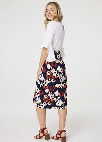 Izabel London Multi Navy Floral Ruched High Waist Midi Skirt | Grattan