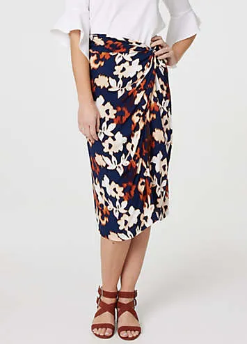 Izabel London Multi Navy Floral Ruched High Waist Midi Skirt | Grattan