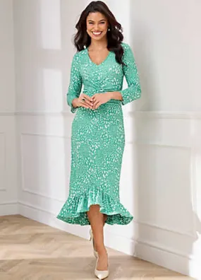 Kaleidoscope Green Spot Print Ruched Front Midi Dress | Grattan