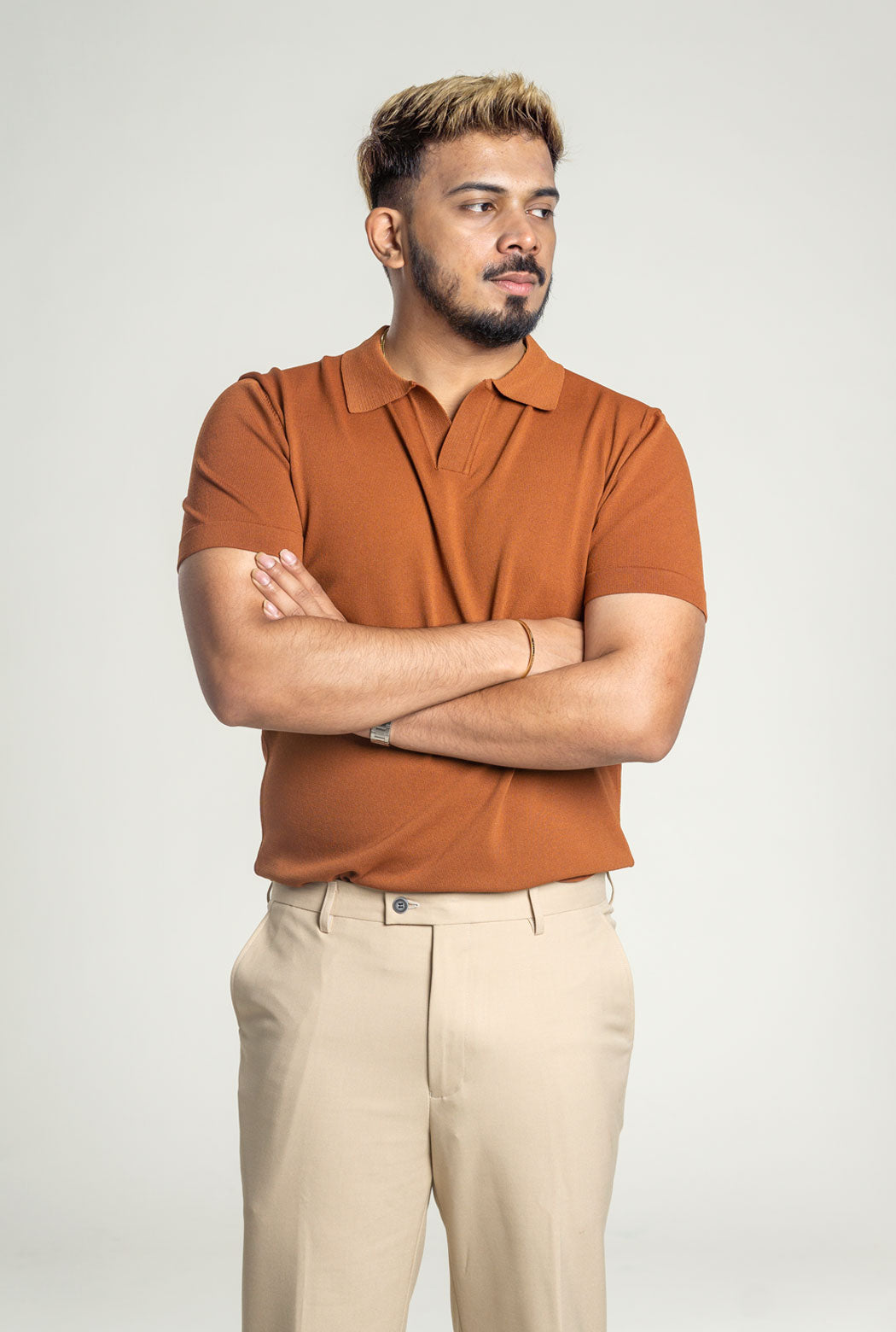 Knit  Polo Tee - Cinnamon Brown Open Collar