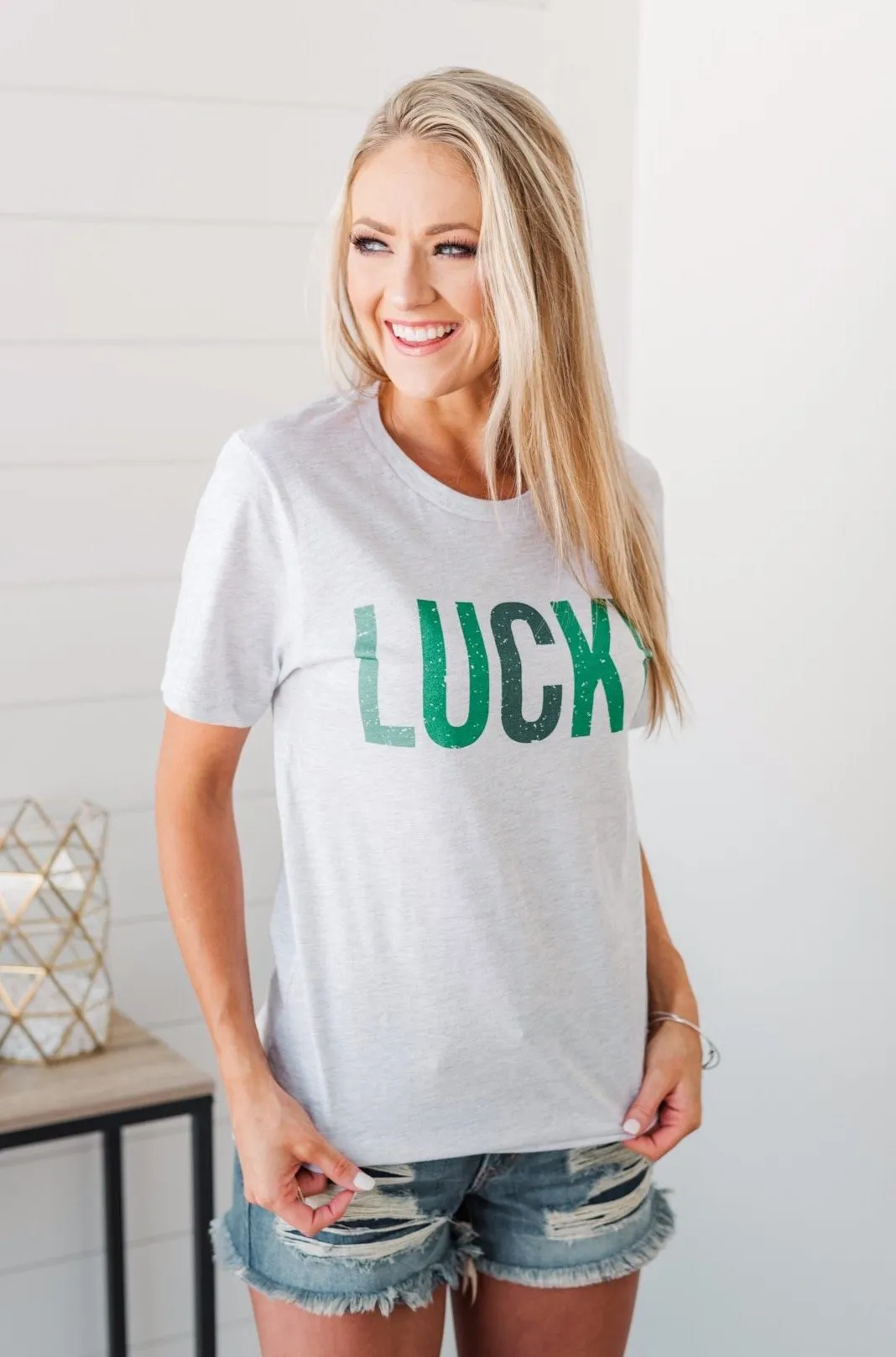 Living Lucky Graphic Tee- Light Heather Grey