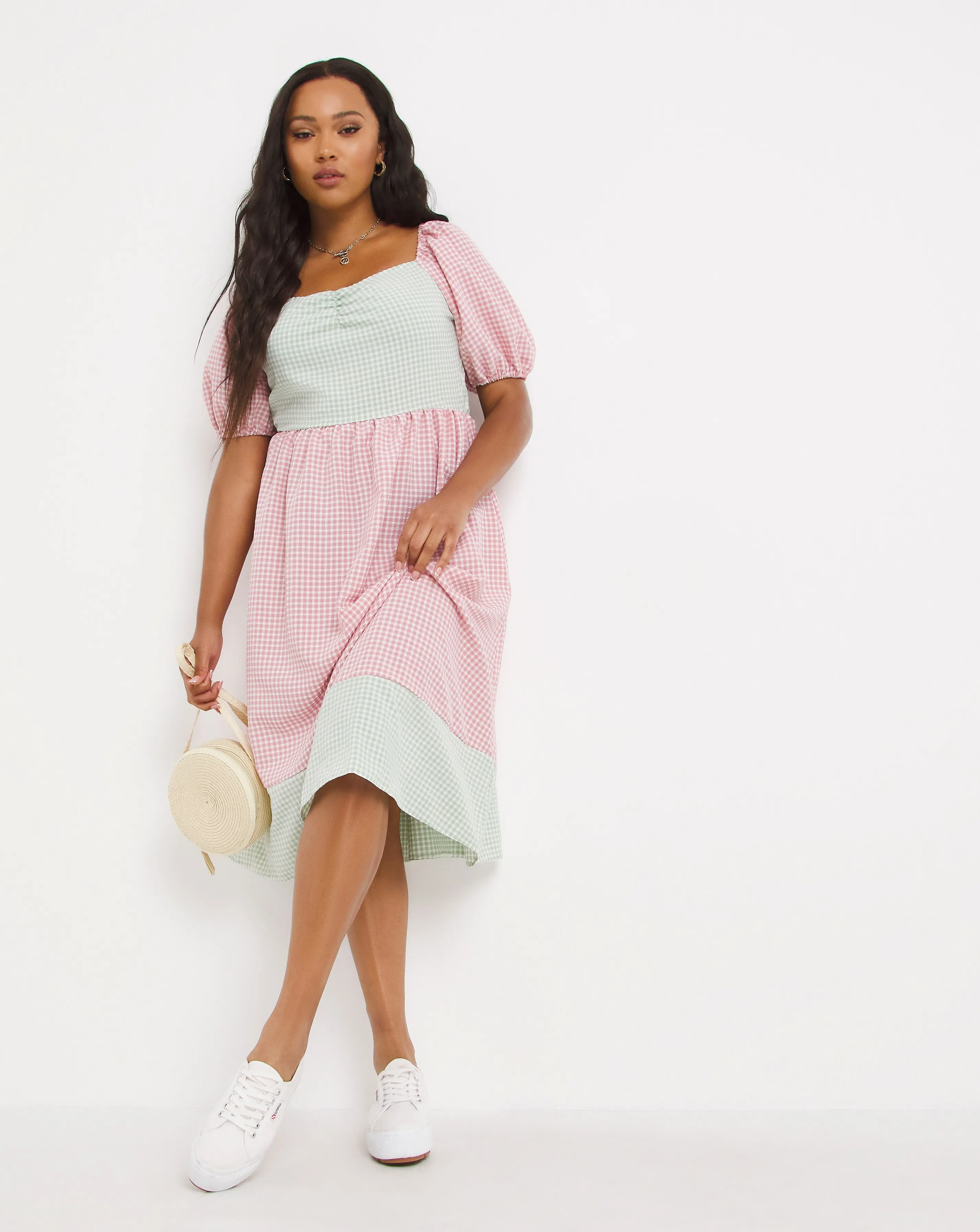 Mixed Gingham Ruched Midi Dress | Simply Be