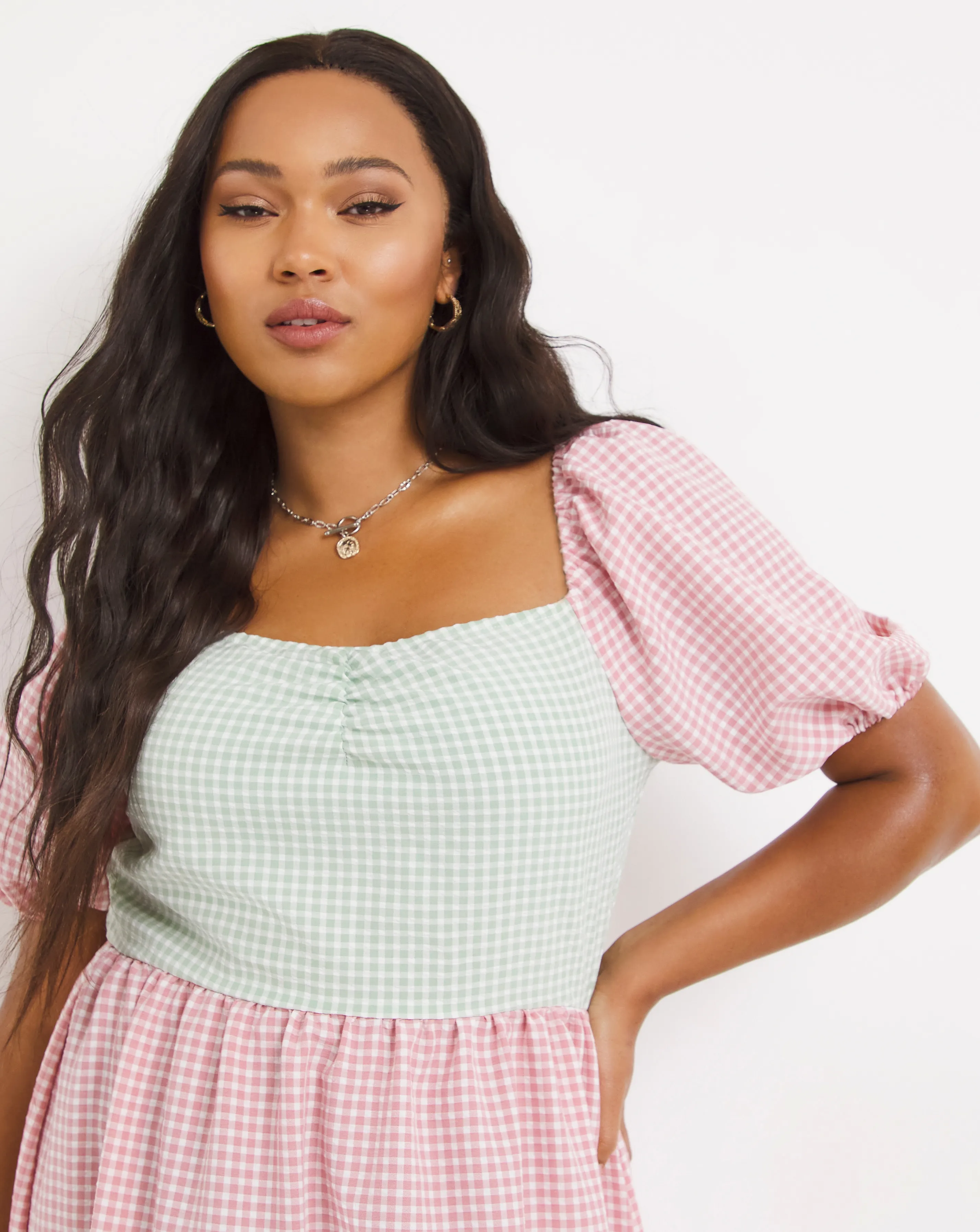 Mixed Gingham Ruched Midi Dress | Simply Be