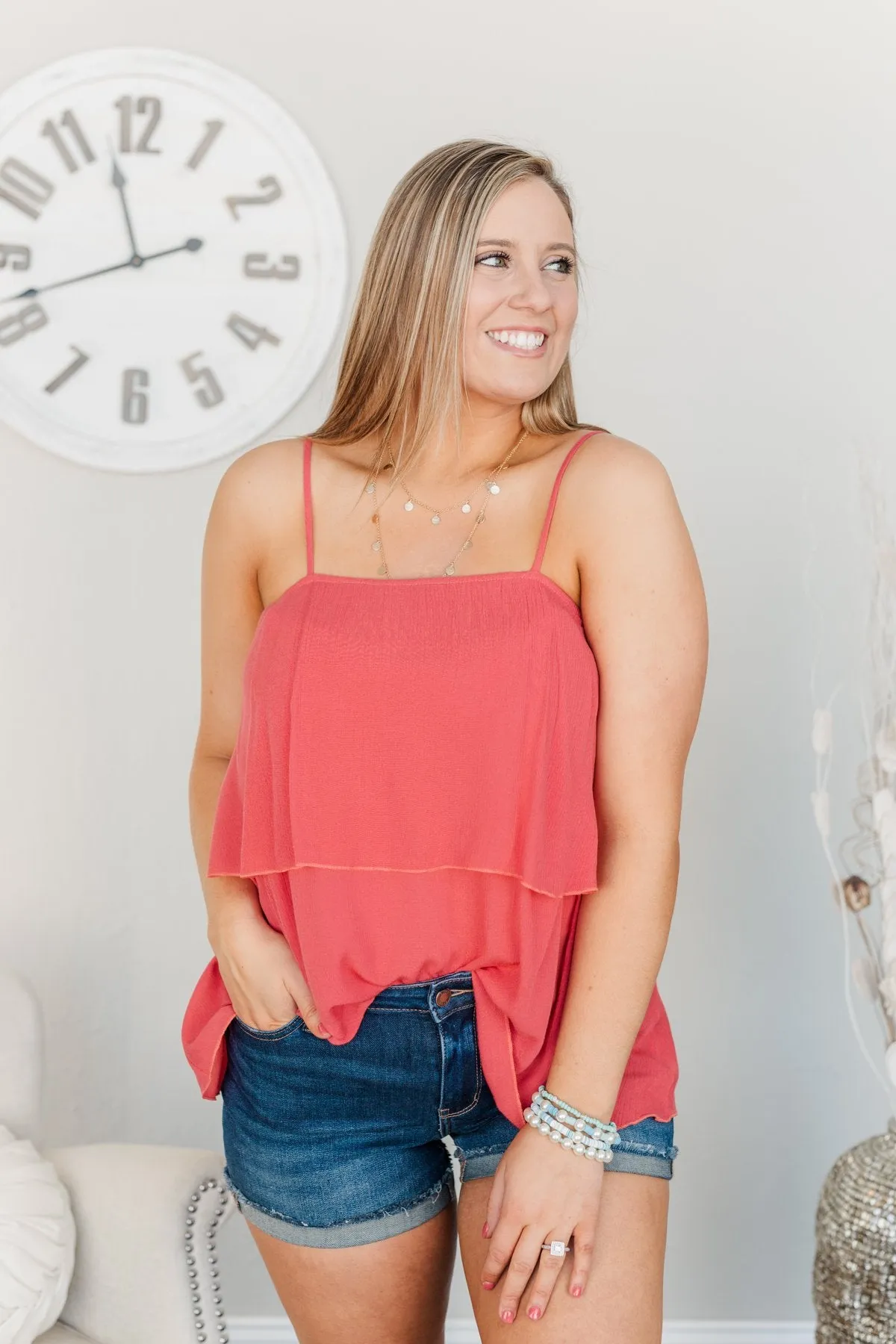 Moments With You Tiered Tank Top- Dark Coral