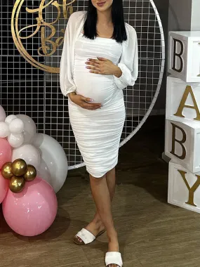 Momnfancy White Ruched Bodycon Lantern Sleeve Elegant Chic BabyShower Maternity Midi Dress