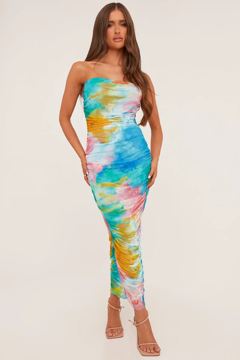 Multi Abstract Print Bandeau Ruched Midi Dress - Blossom