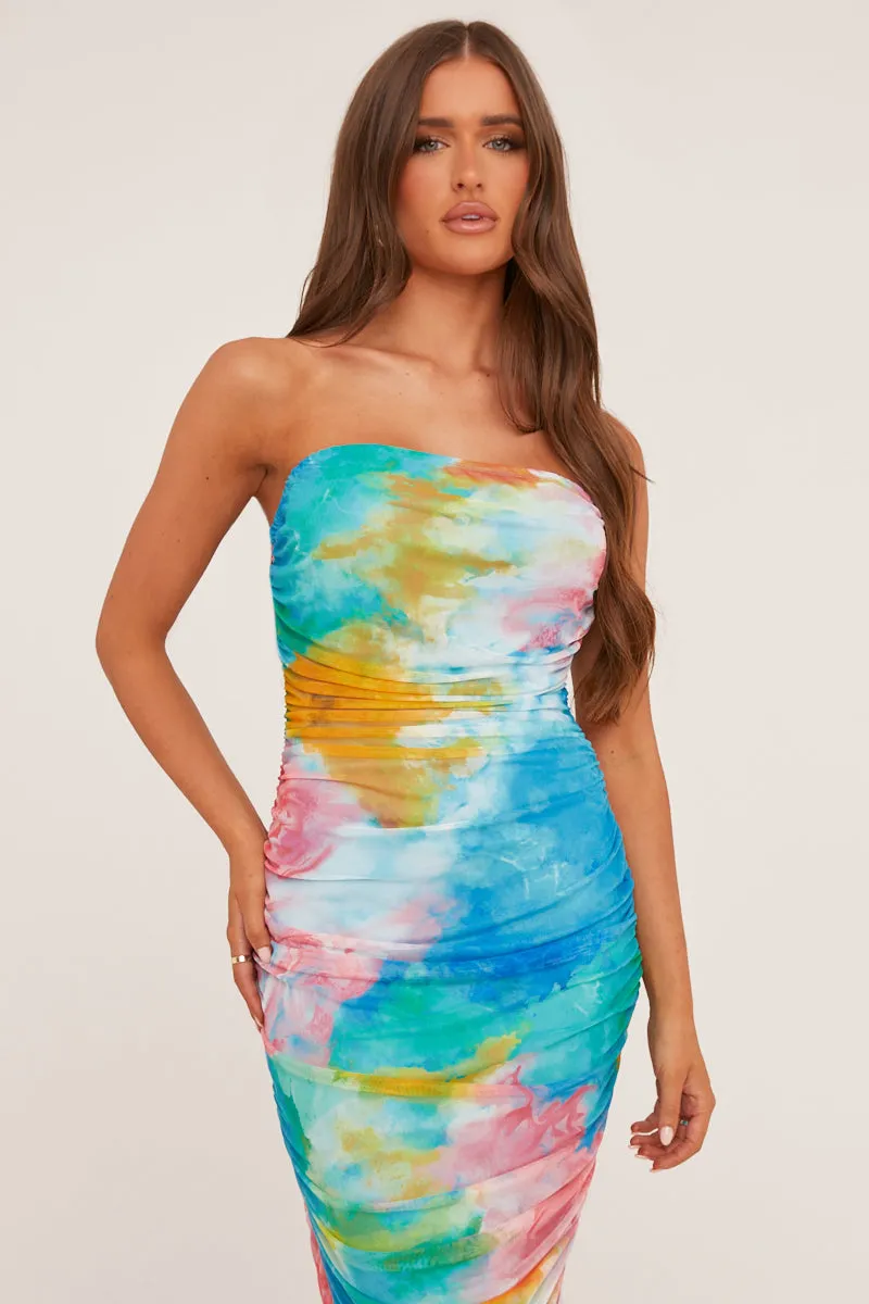 Multi Abstract Print Bandeau Ruched Midi Dress - Blossom