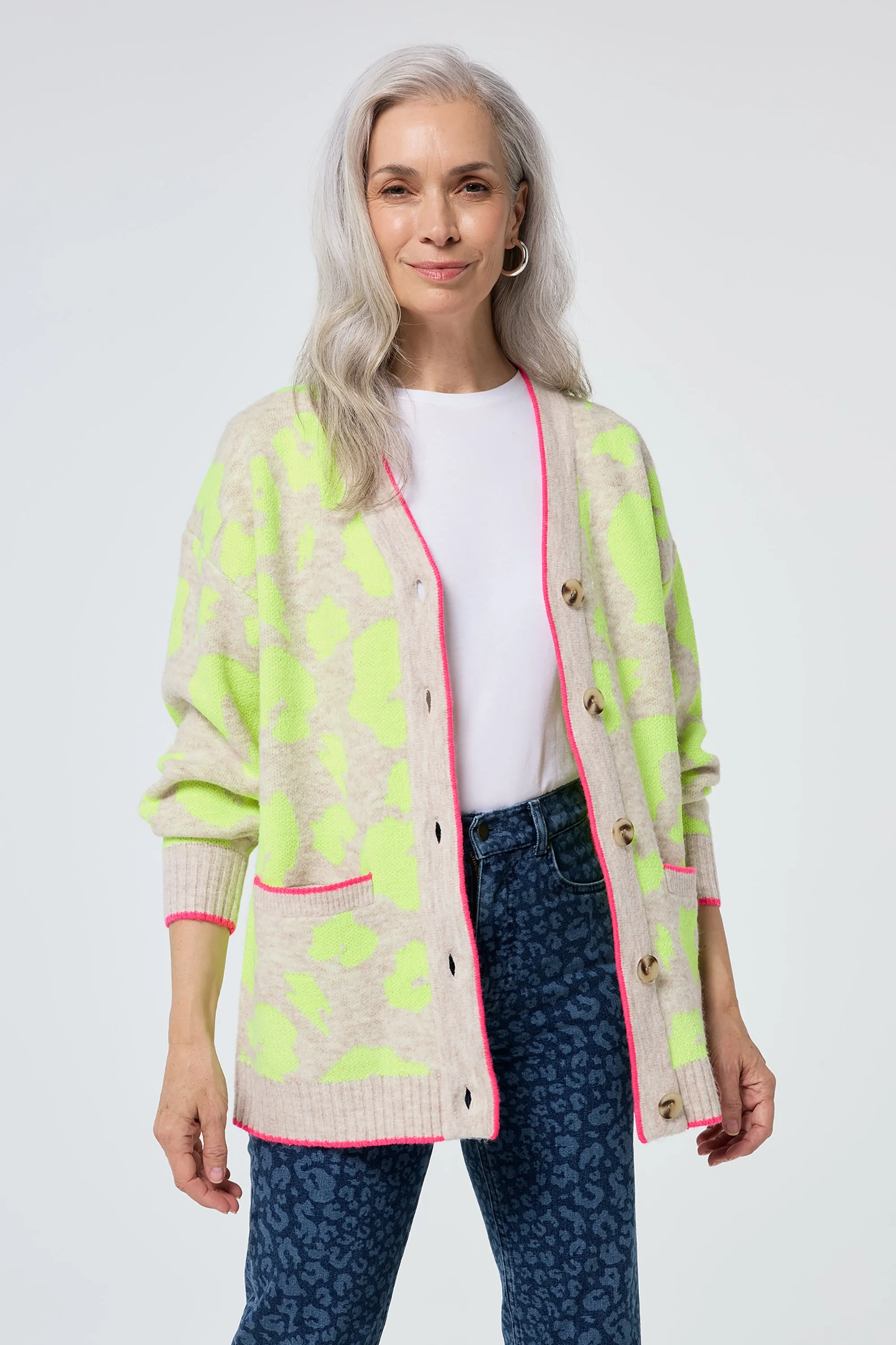 Oatmeal with Neon Yellow Mega Leopard Longline Jacquard Cardigan