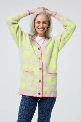 Oatmeal with Neon Yellow Mega Leopard Longline Jacquard Cardigan