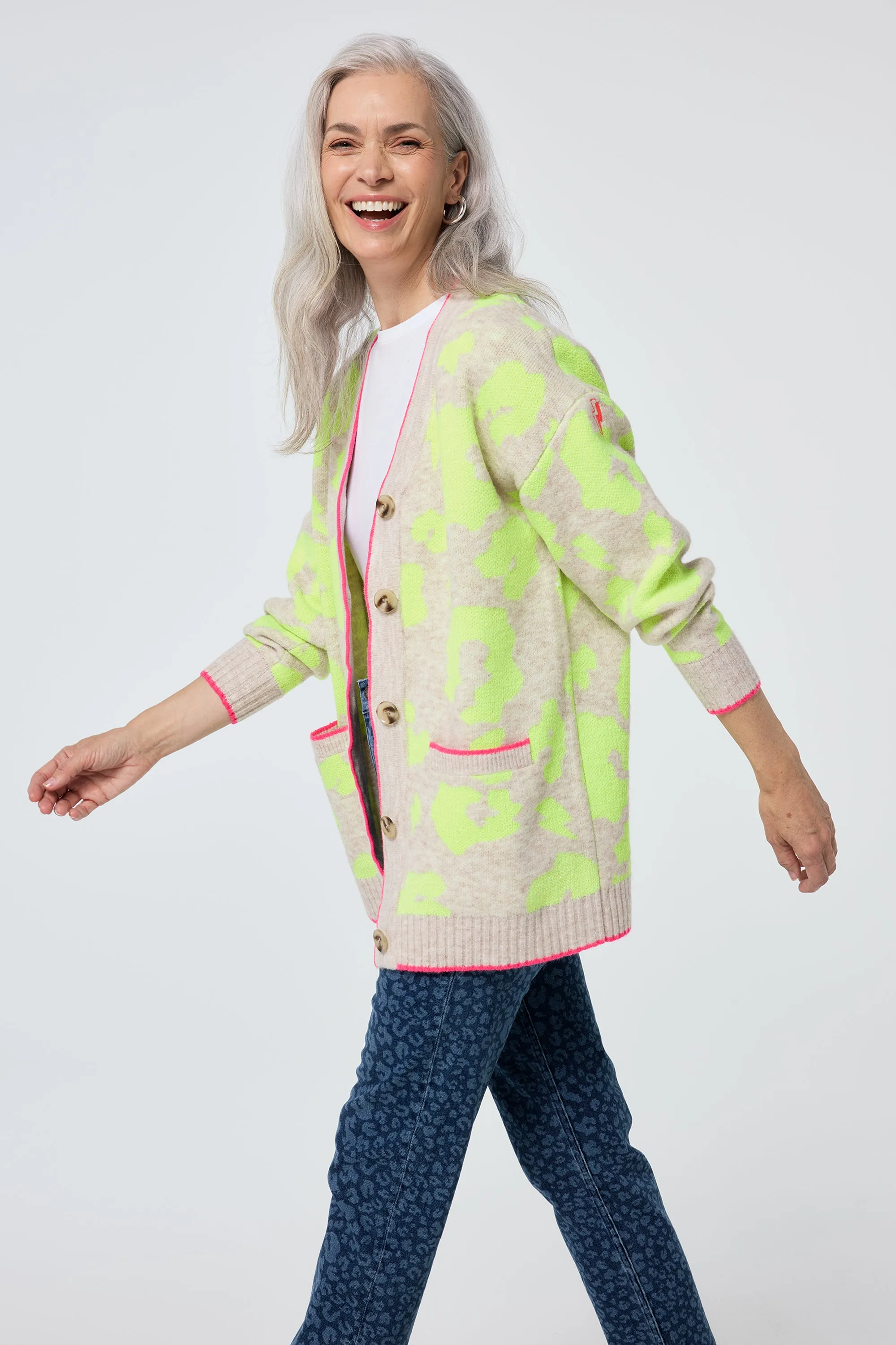 Oatmeal with Neon Yellow Mega Leopard Longline Jacquard Cardigan