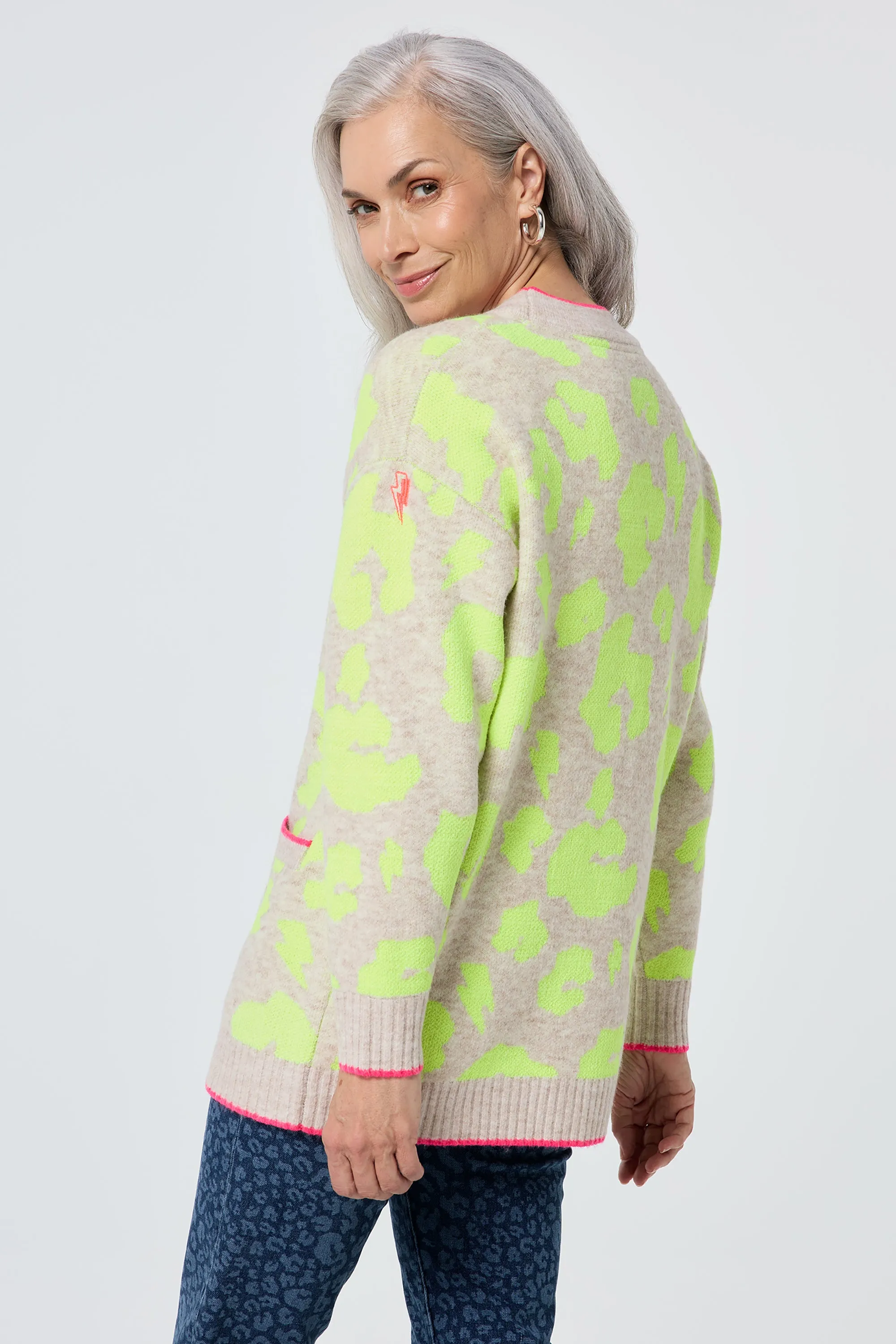 Oatmeal with Neon Yellow Mega Leopard Longline Jacquard Cardigan