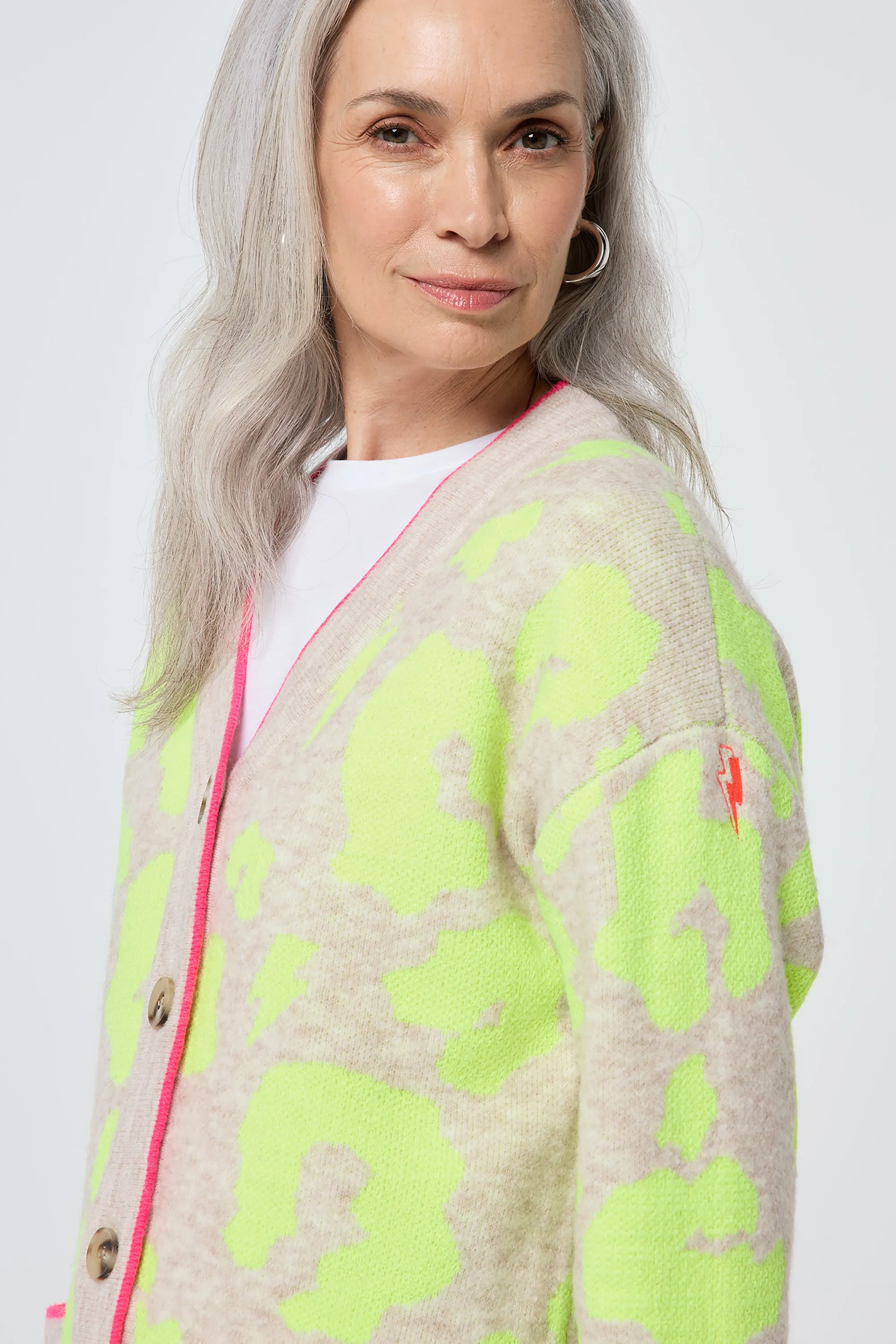 Oatmeal with Neon Yellow Mega Leopard Longline Jacquard Cardigan