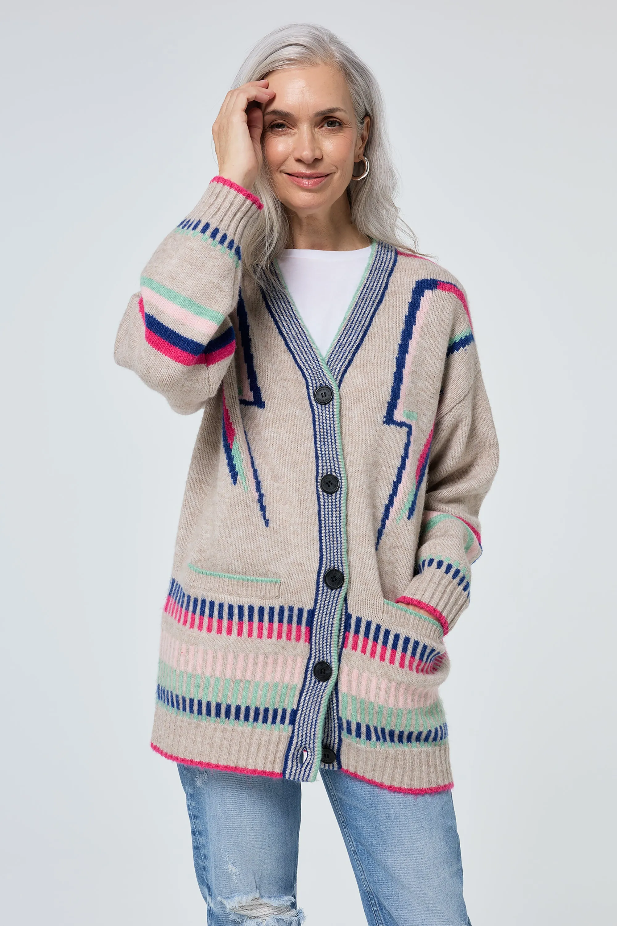 Oatmeal with Rainbow Statement Bolt Longline Cardigan