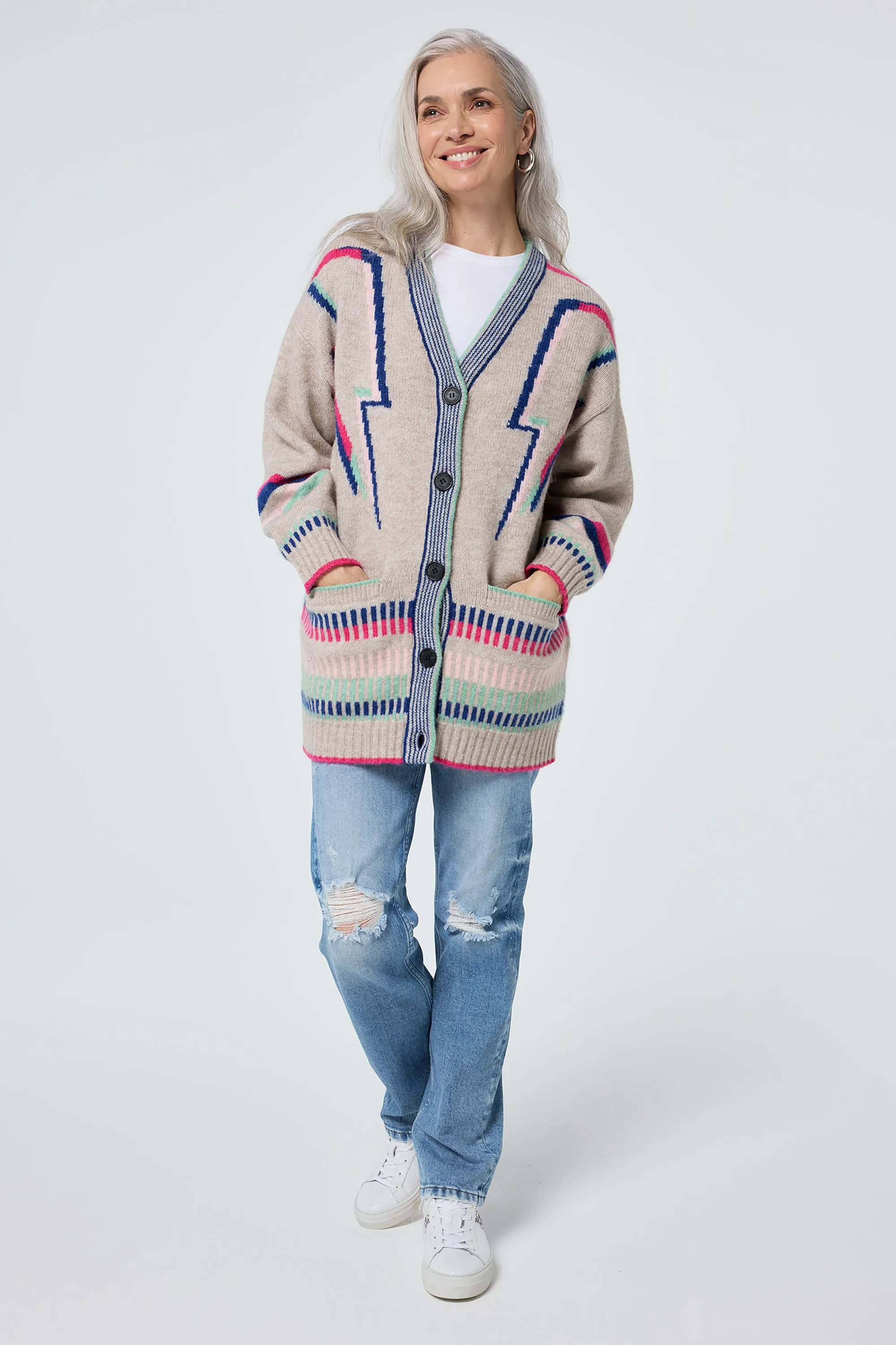 Oatmeal with Rainbow Statement Bolt Longline Cardigan