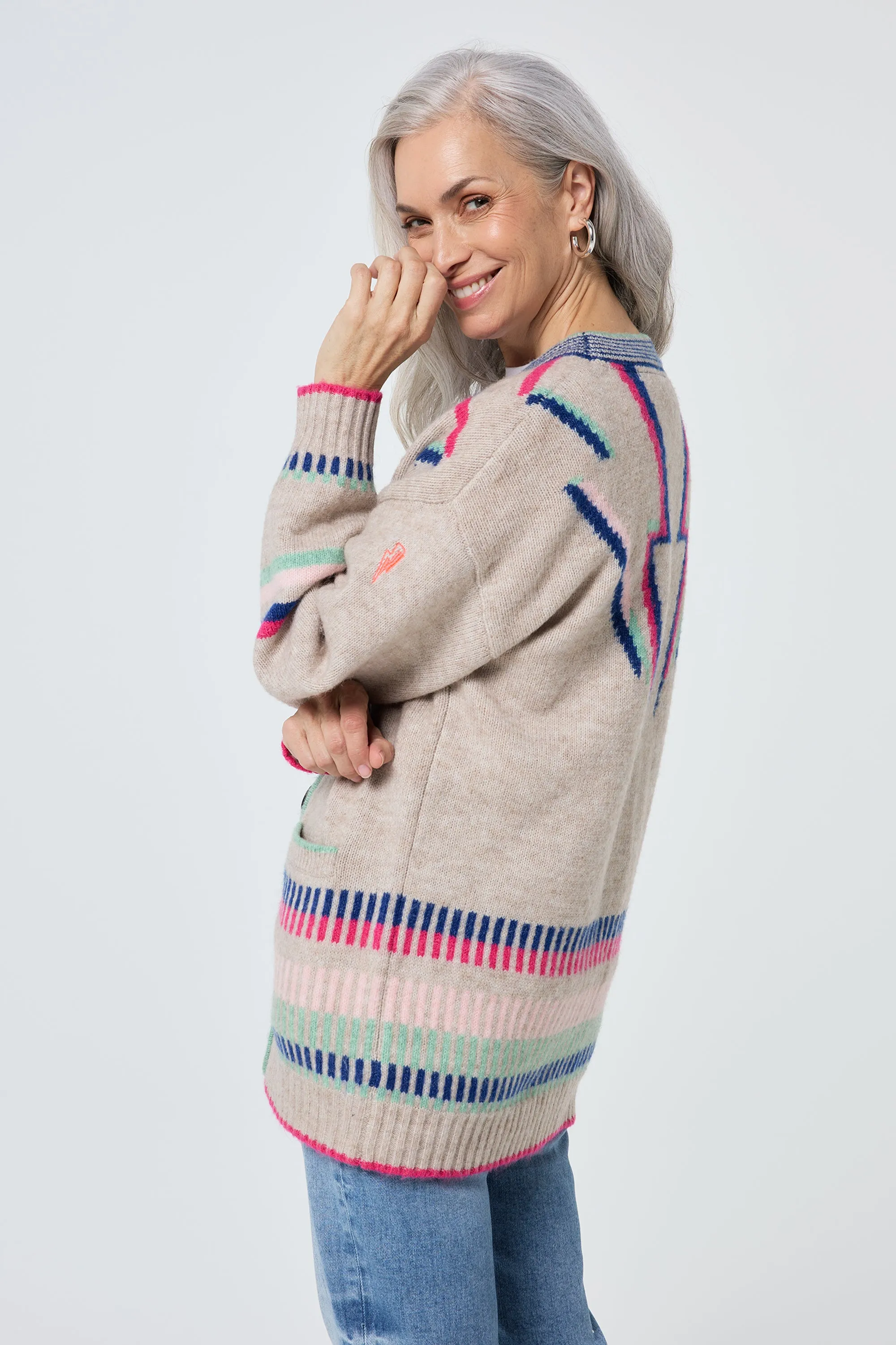 Oatmeal with Rainbow Statement Bolt Longline Cardigan