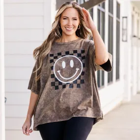 Only Smiles Acid Wash Boyfriend Tee, Rust Brown