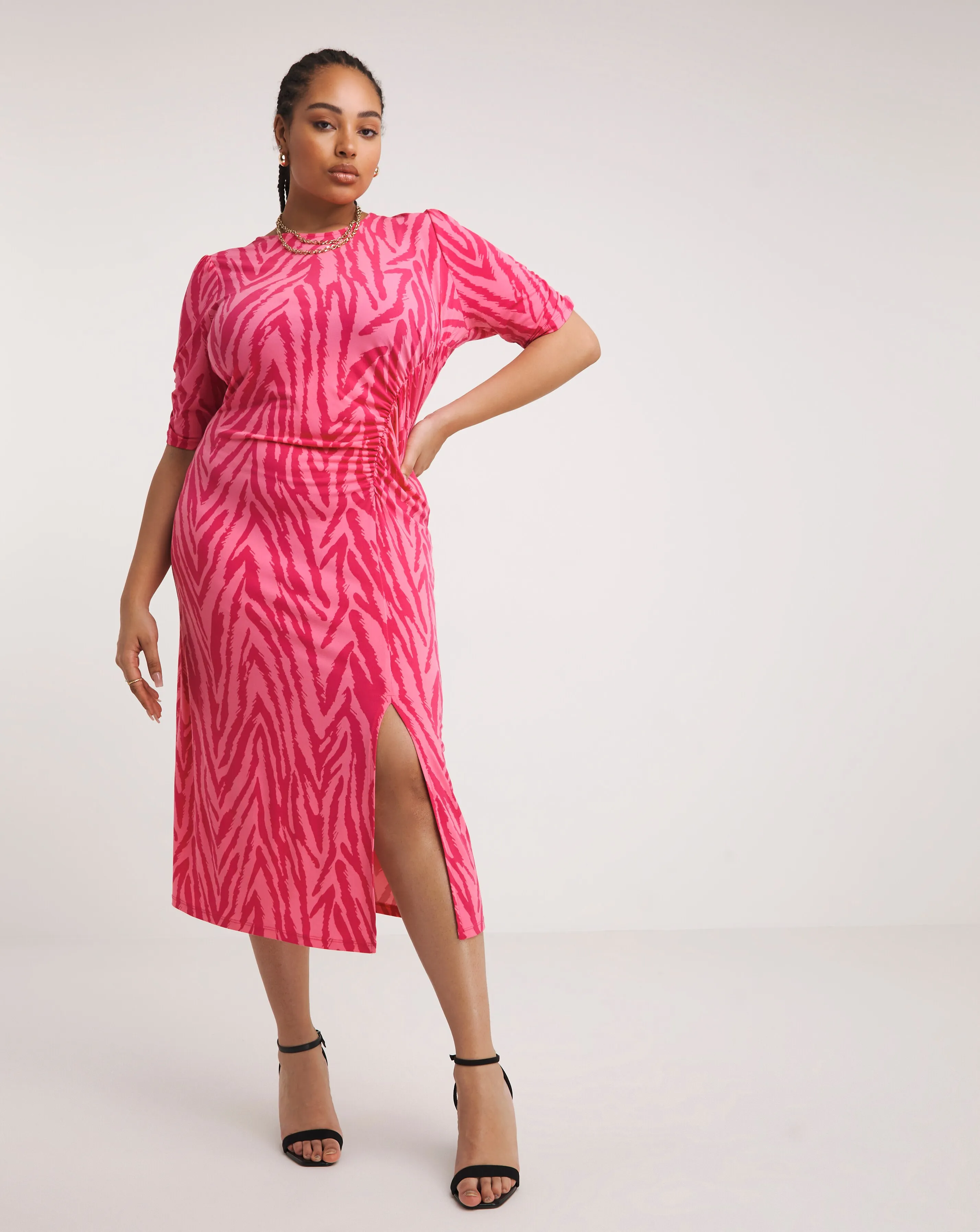 Pink Zebra Print Slinky Ruched Midi Dress | Simply Be