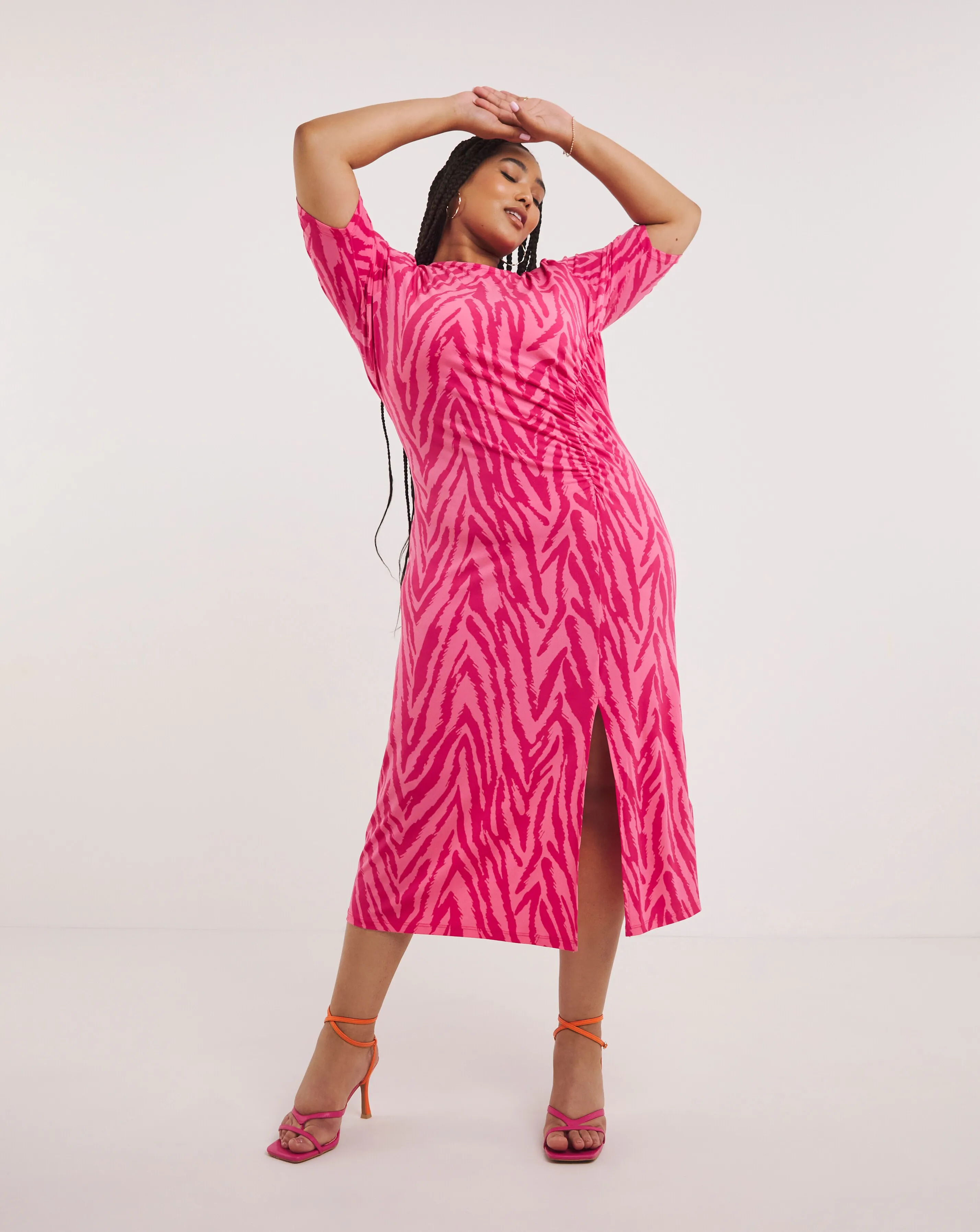 Pink Zebra Print Slinky Ruched Midi Dress | Simply Be