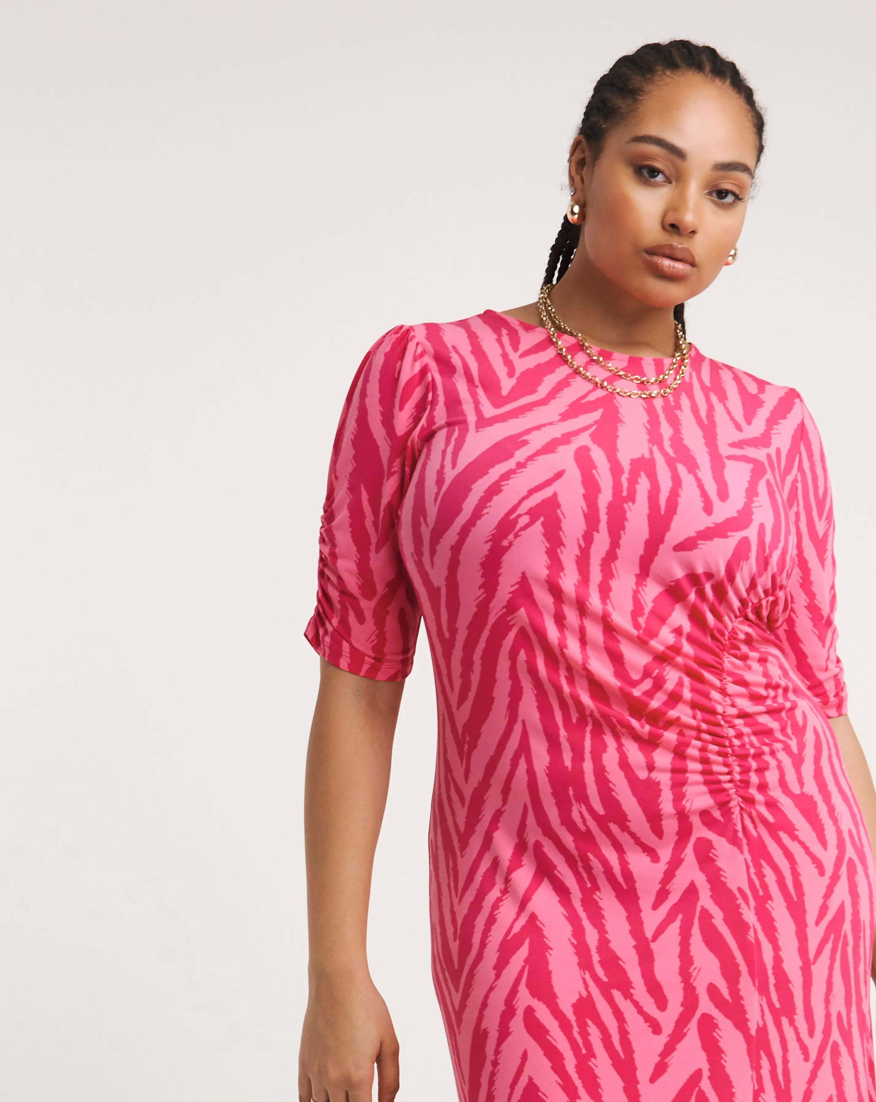 Pink Zebra Print Slinky Ruched Midi Dress | Simply Be