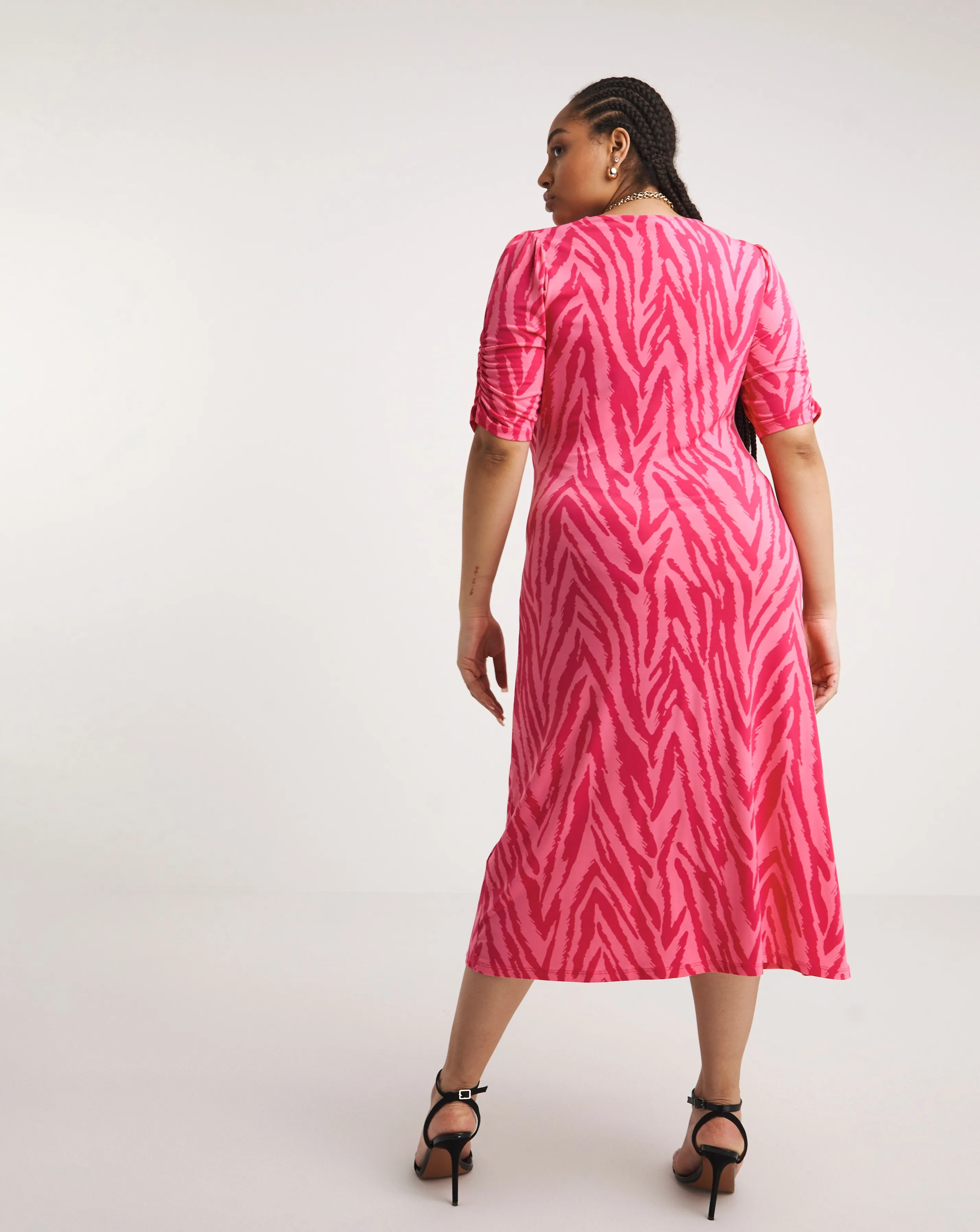 Pink Zebra Print Slinky Ruched Midi Dress | Simply Be