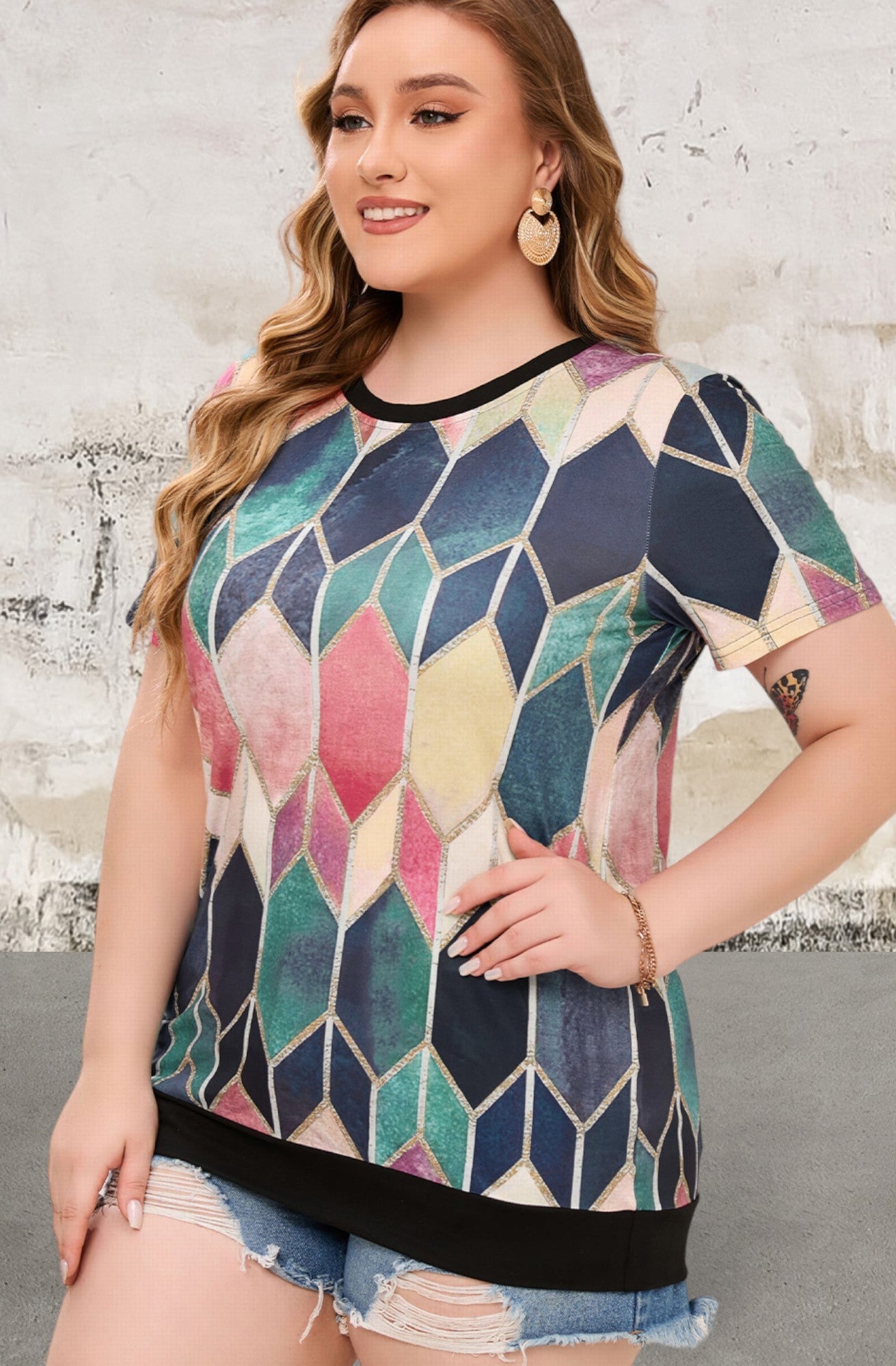 Plus Size Pink Crew Neck Tie-dye Colorblock Top