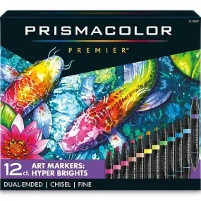 Prismacolor Premier Double Sided Hyper Brights Art Markers Brush Chisel Tip Dual End 12 Pack