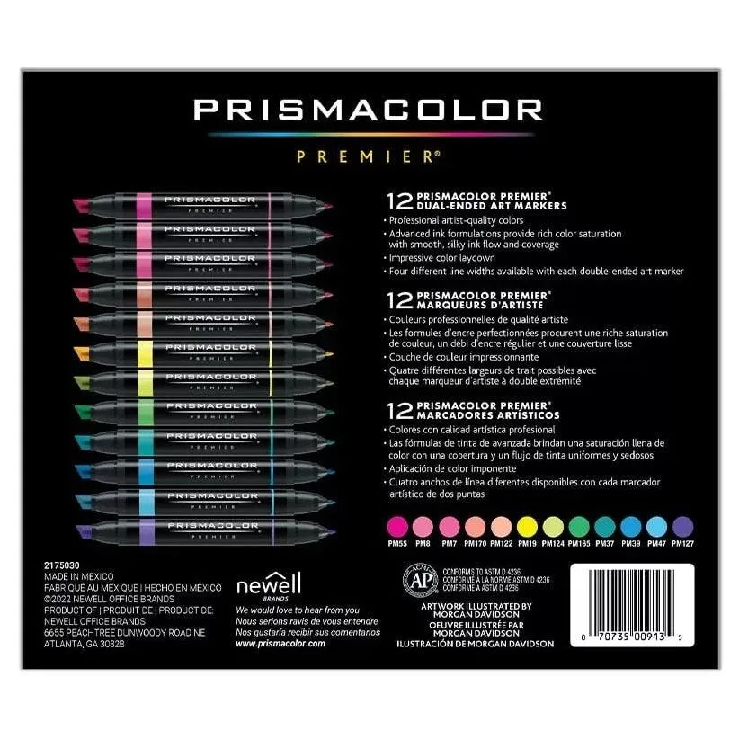 Prismacolor Premier Double Sided Hyper Brights Art Markers Brush Chisel Tip Dual End 12 Pack