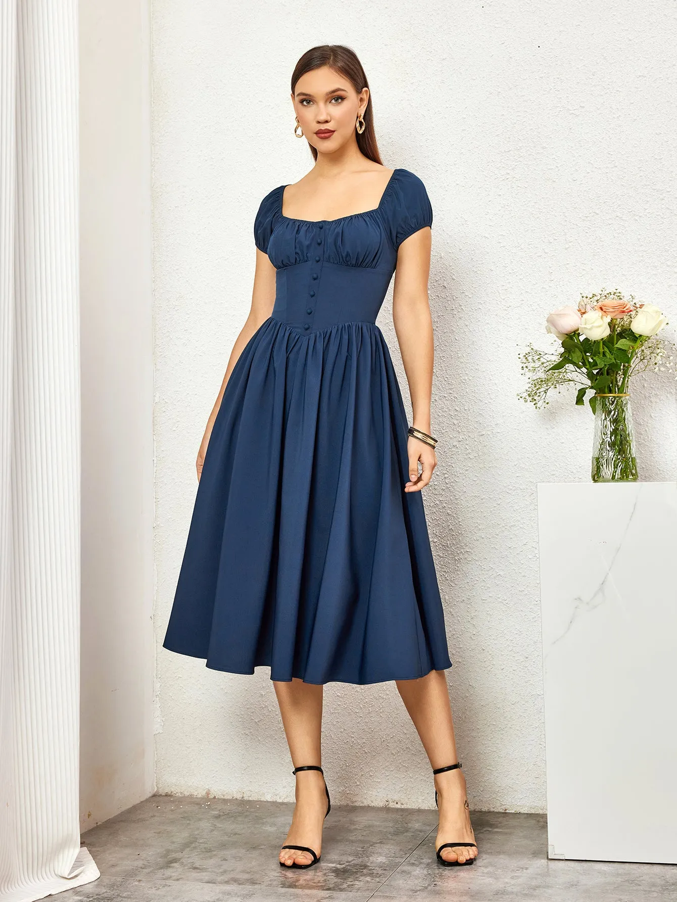 Puff Sleeve Ruched Bust Button Midi Dress