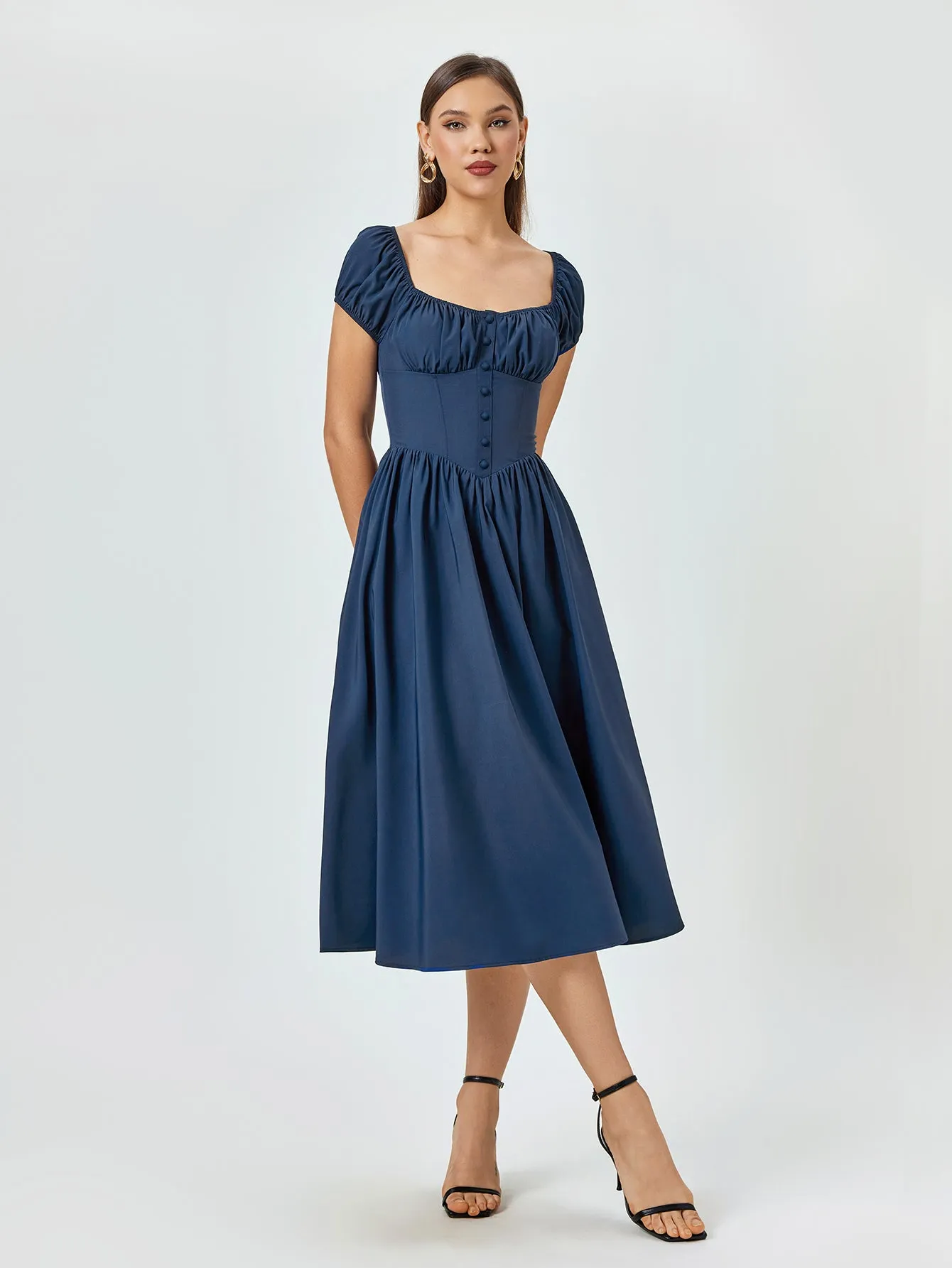 Puff Sleeve Ruched Bust Button Midi Dress